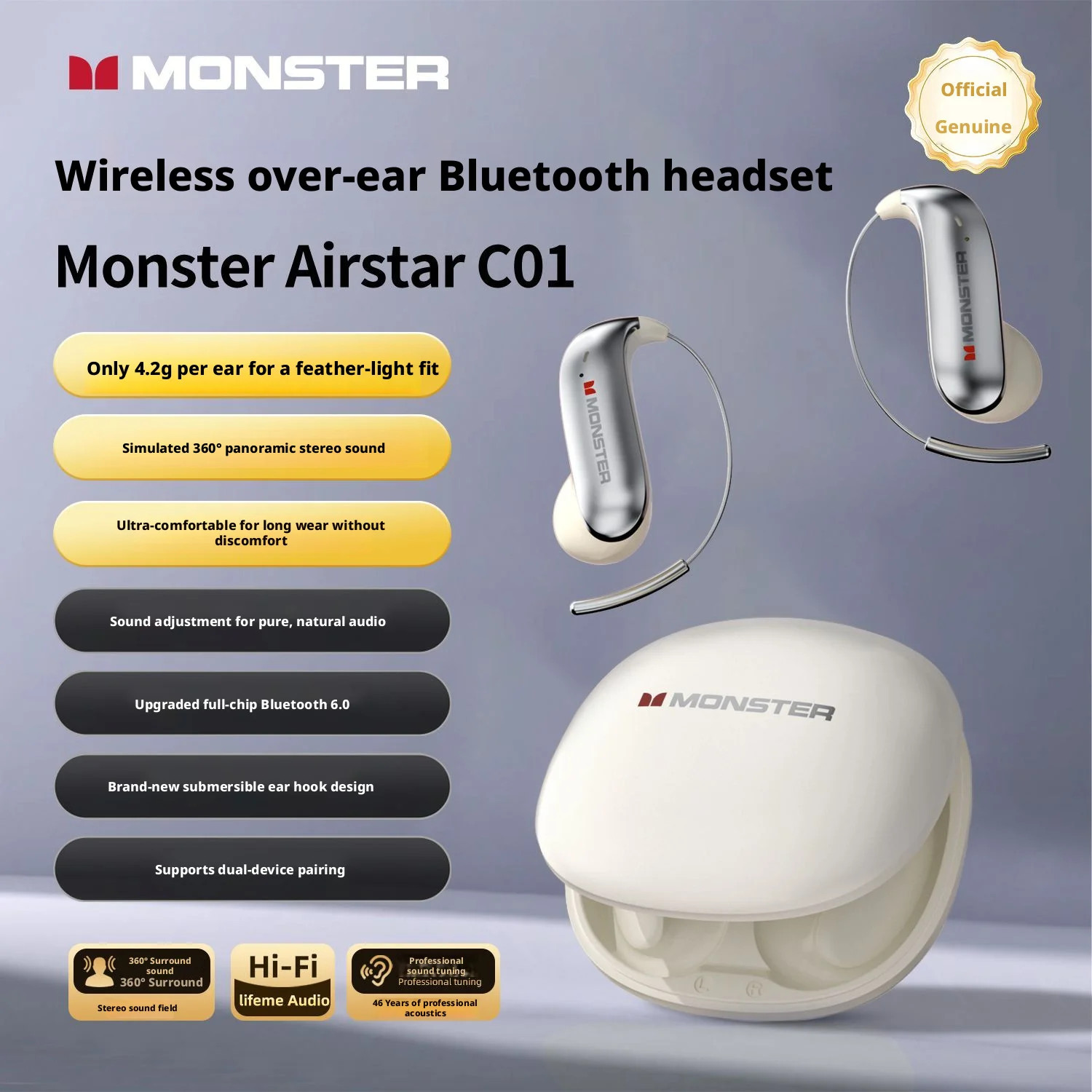 MONSTER C01 Zero Burden Bluetooth 6.0 Open Ear HD Call Dual Mic Ear Hook
