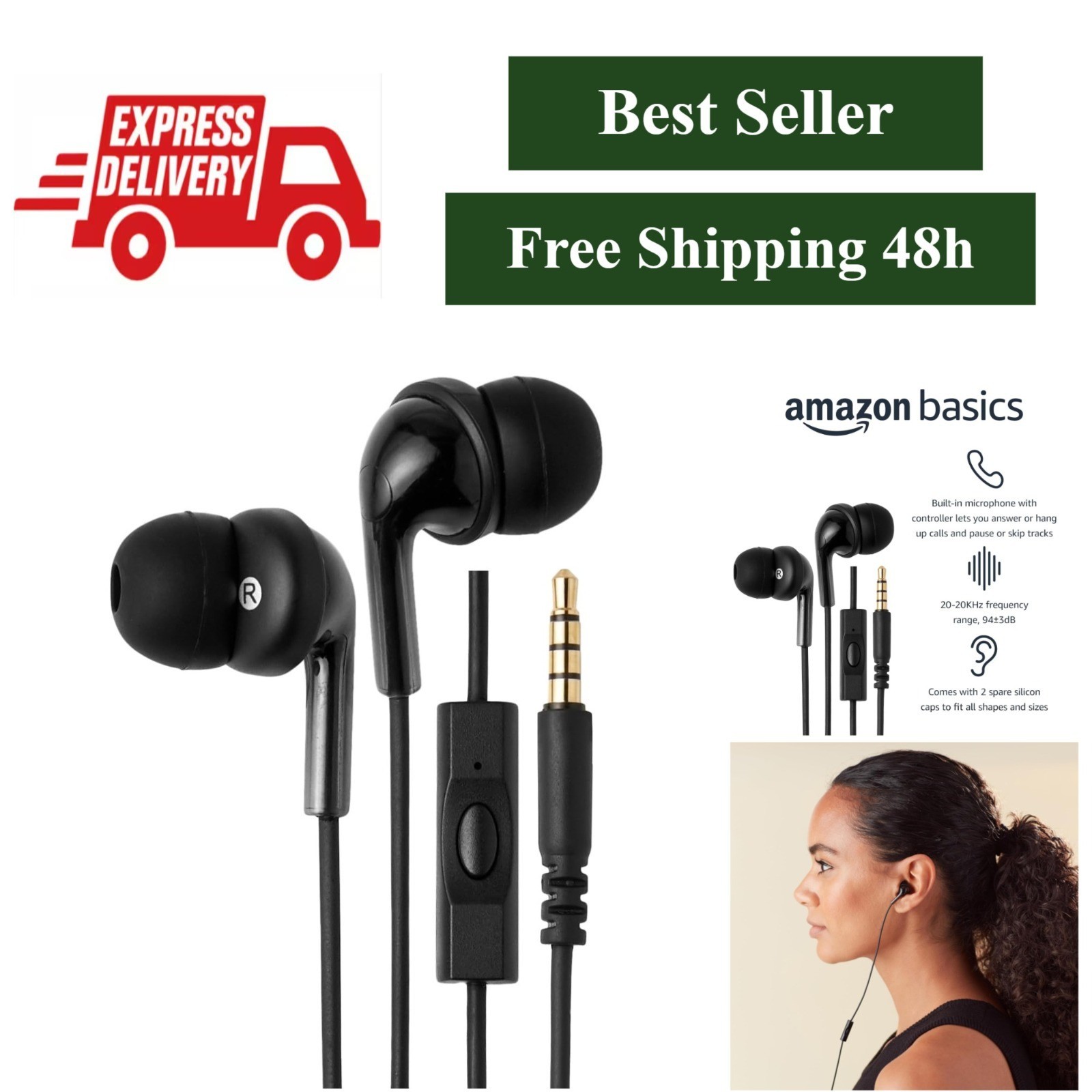 Amazon Basics Wired Earbuds with Microphone, 3.5mm Jack, Black
