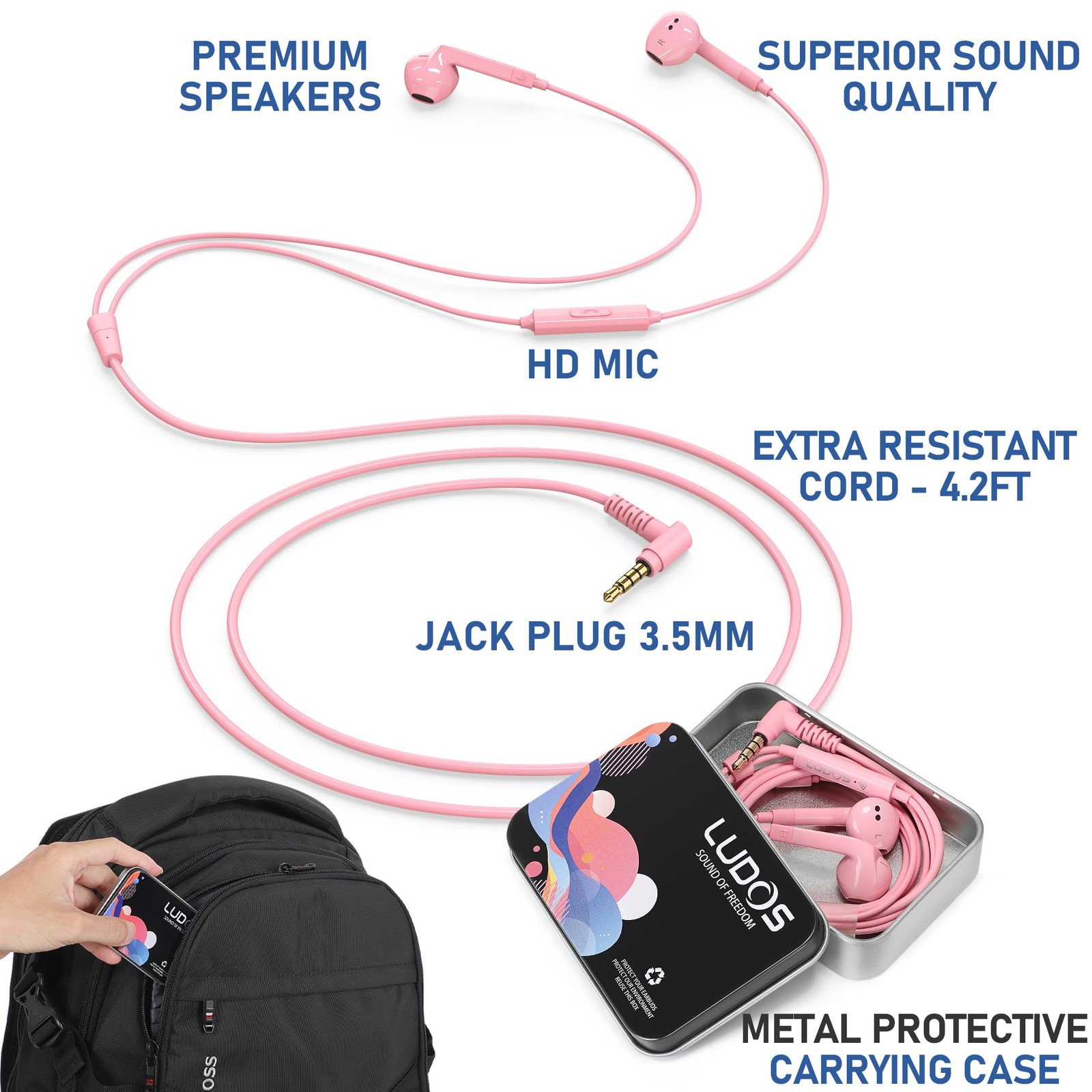 LUDOS FEROX Wired Earbuds in-Ear Headphones, 5 Year Warranty, 1 Pack, Pink