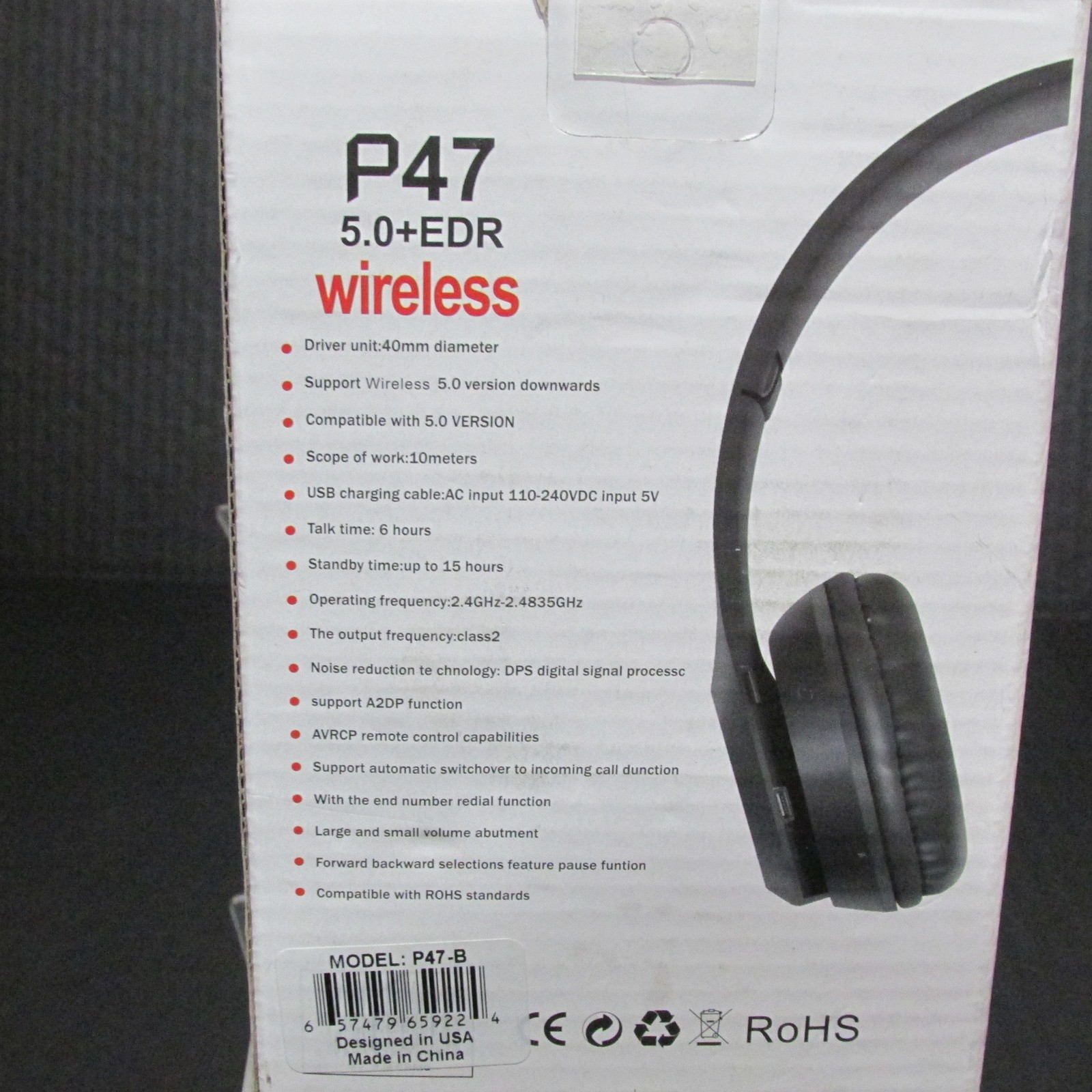 P47 Wireless 5.0+EDR Over-Ear Headphones w/ Mic, FM Radio, MicroSD, Foldable – B