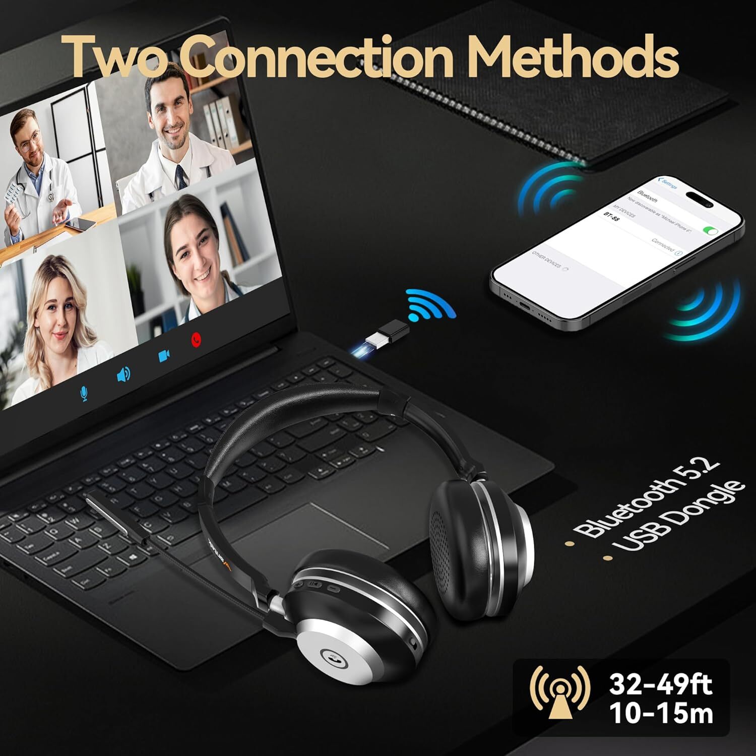 Wantek Wireless Headset with Microphone Bluetooth Headphone for PC/Laptop/Phone