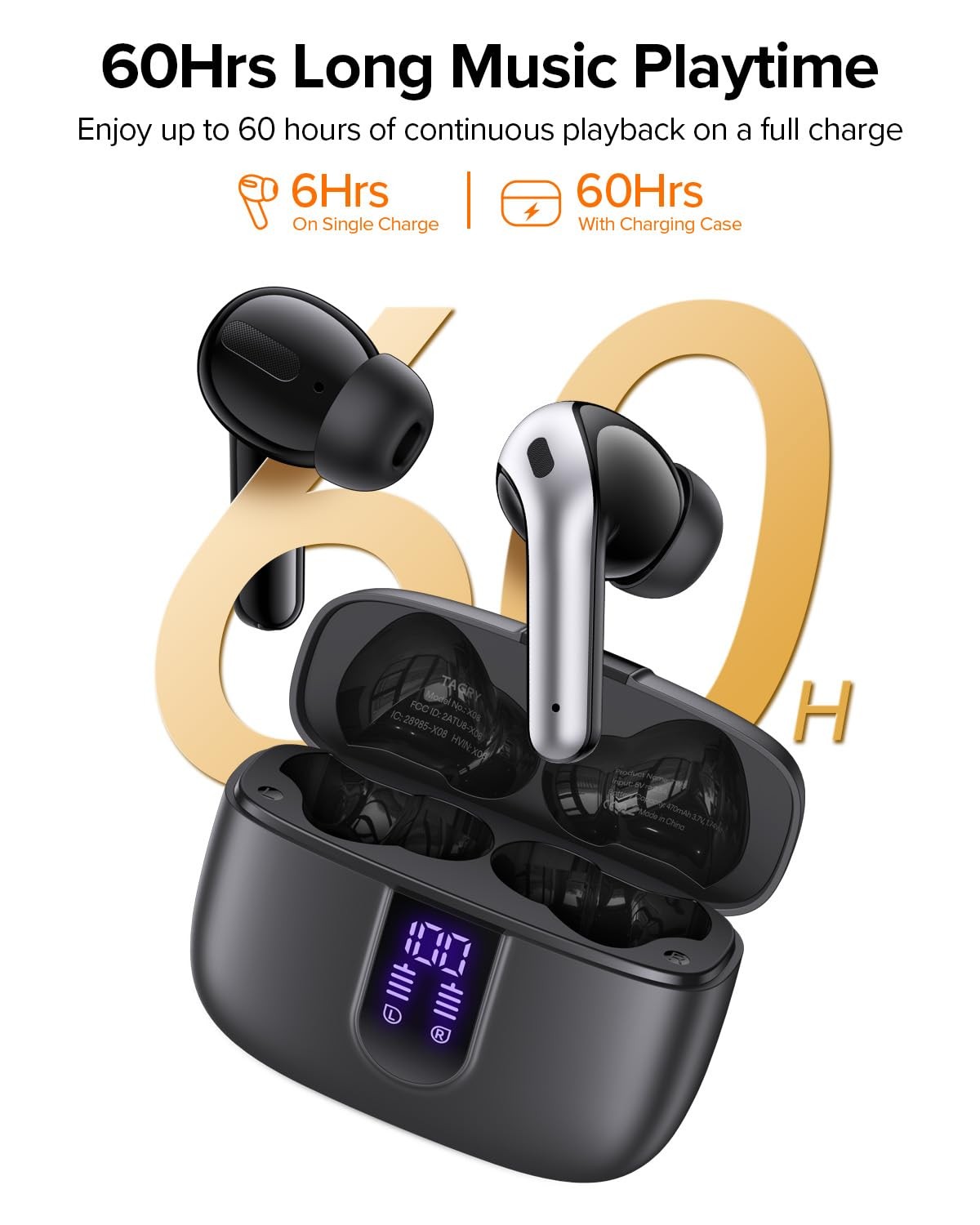 Tagry Bluetooth Headphones True Wireless 60H Playback Led Power Display