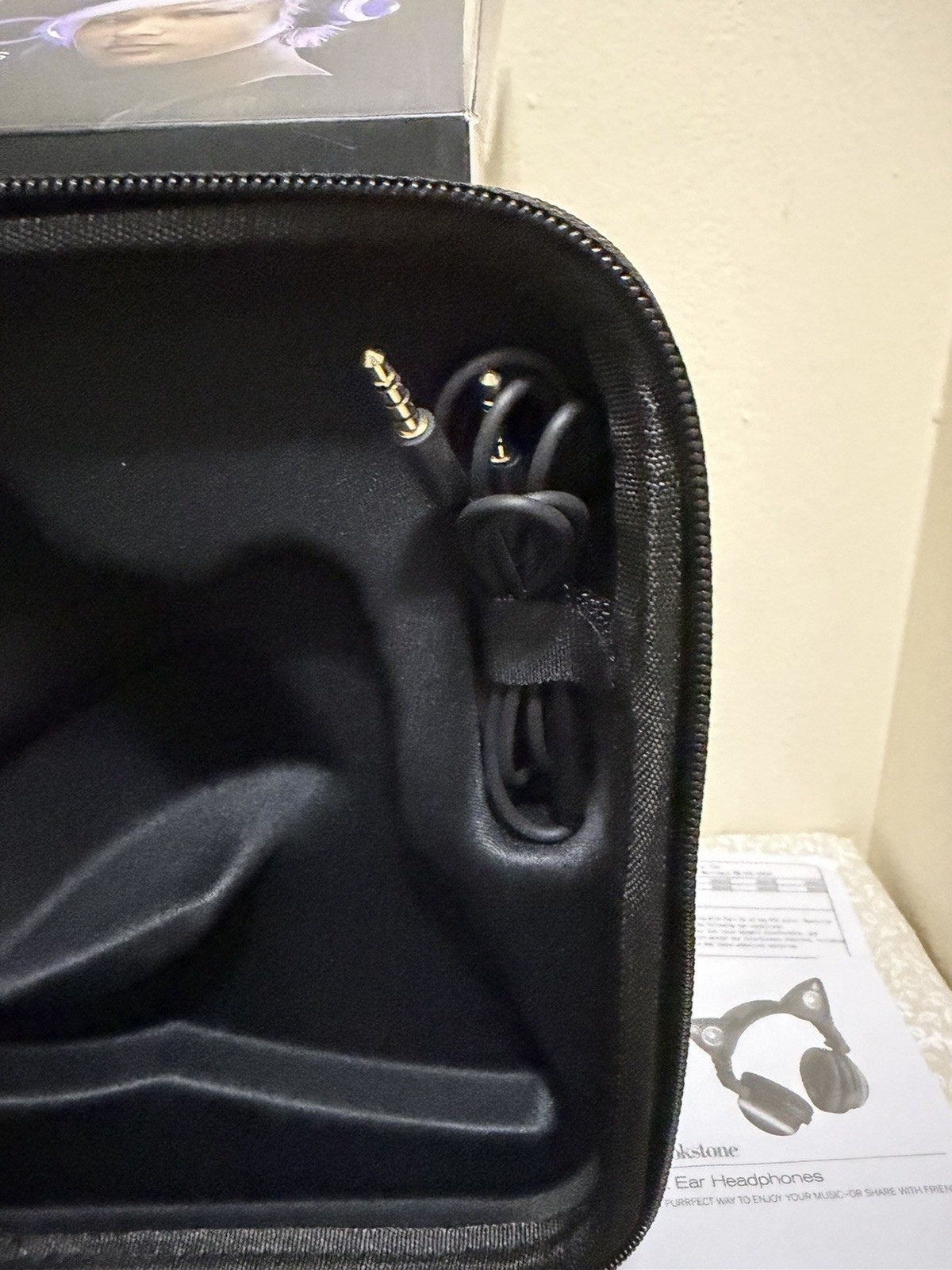 Brookstone Purple Black Cat Ear Headphones w/ Storage Case and Micro USB Cable