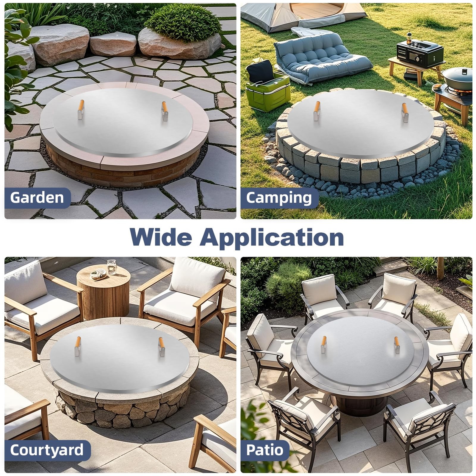 Fire Pit Lid Round 34″ – Stainless Steel Firepits Cover with Wooden Handles f…