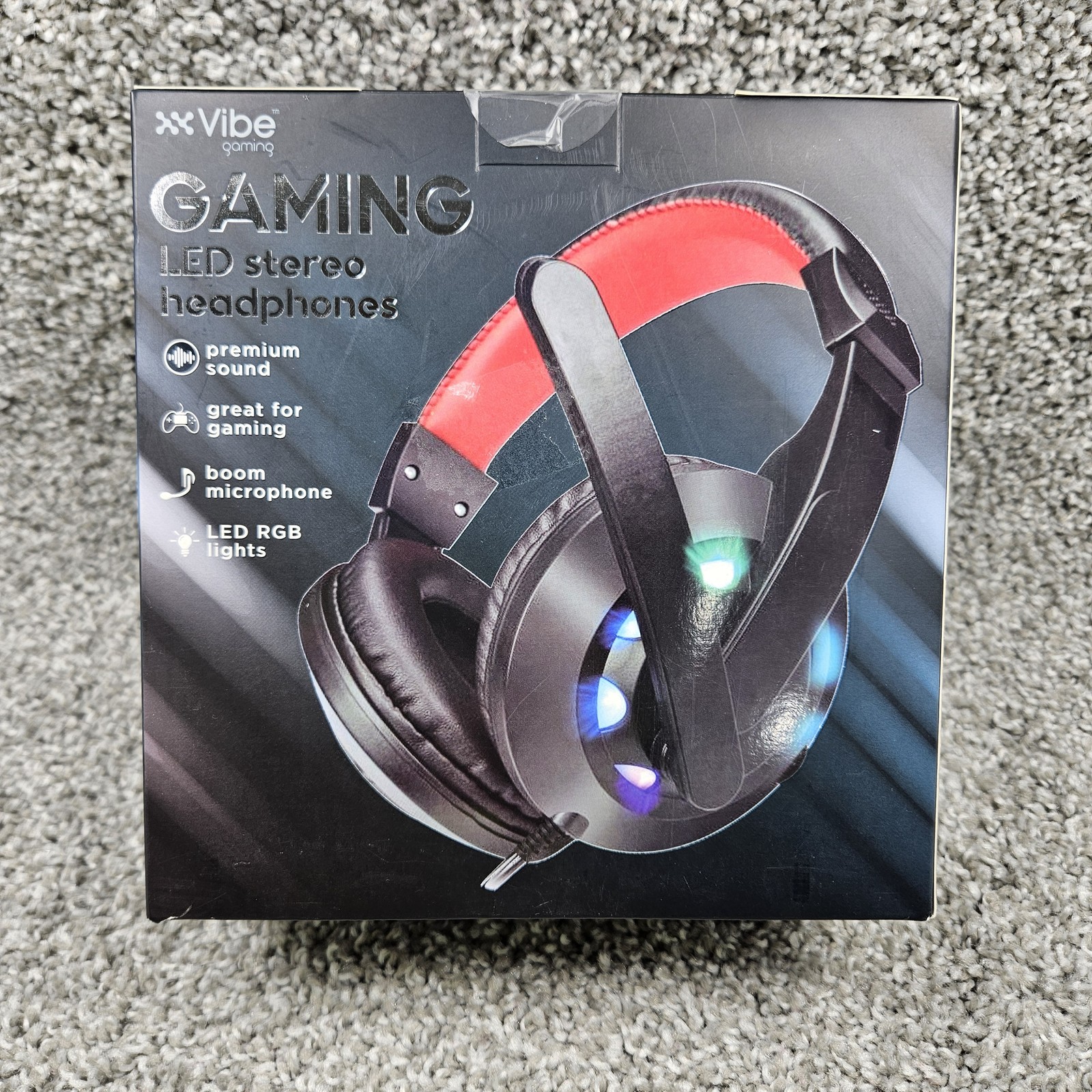 Vibe Gaming LED Stereo Headphones RGB Lights Boom Mic PC Adapter Black Red