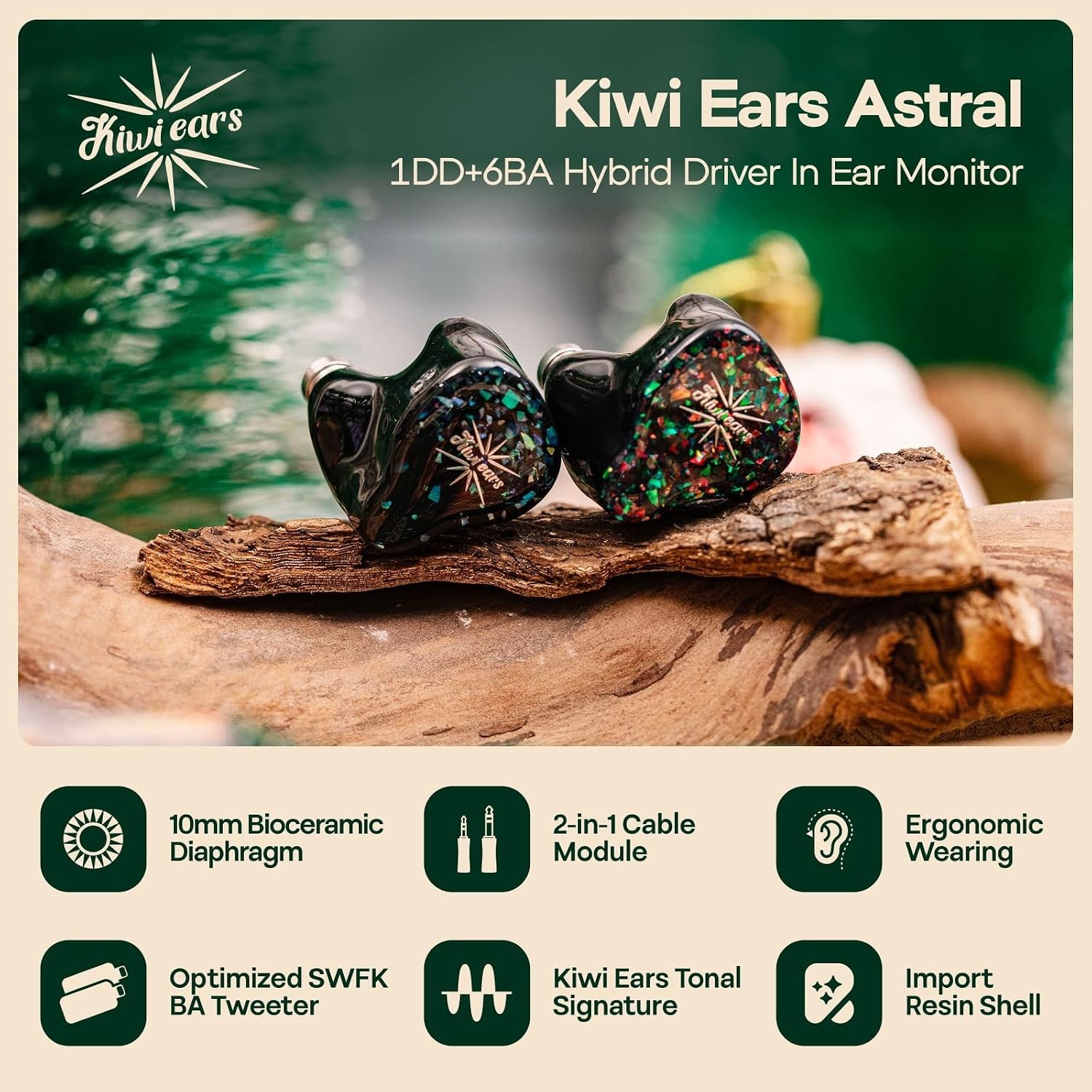 Linsoul Kiwi Ears Astral 1DD+6BA Hybrid Ear Monitor, Wired Earbuds, HiFi Studio