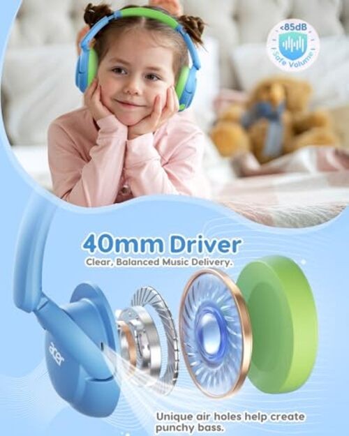 acer Kids Bluetooth Headphones, 85dB Volume Limiter, Foldable Blue-Green