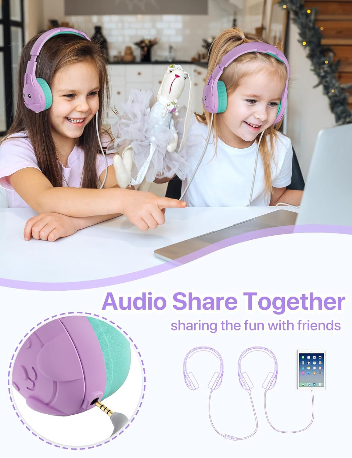Kids Headphones, with Microphone, 80/90Db Volume Limiter, Audio Sharing Port, 3.