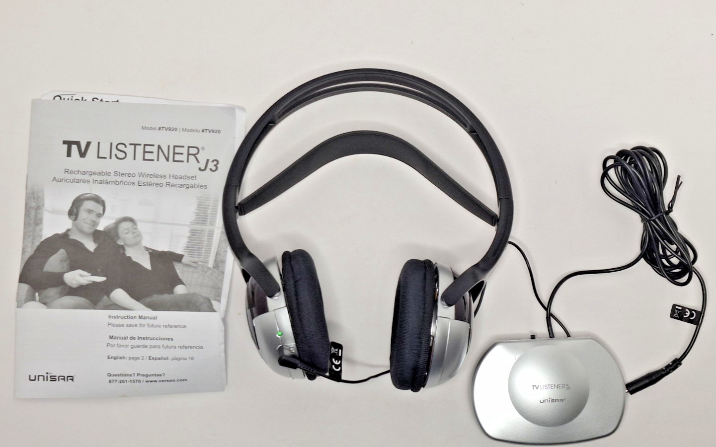 Unisar TV Listener J3 TV920 Headband Wireless Headphones NO Power Cord