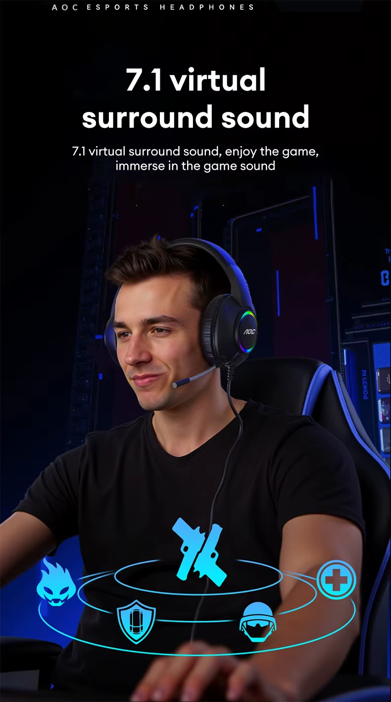 AOC USB Gaming Headset Compatible with PS5/4 Nintendo Switch Noise Canceling Mic