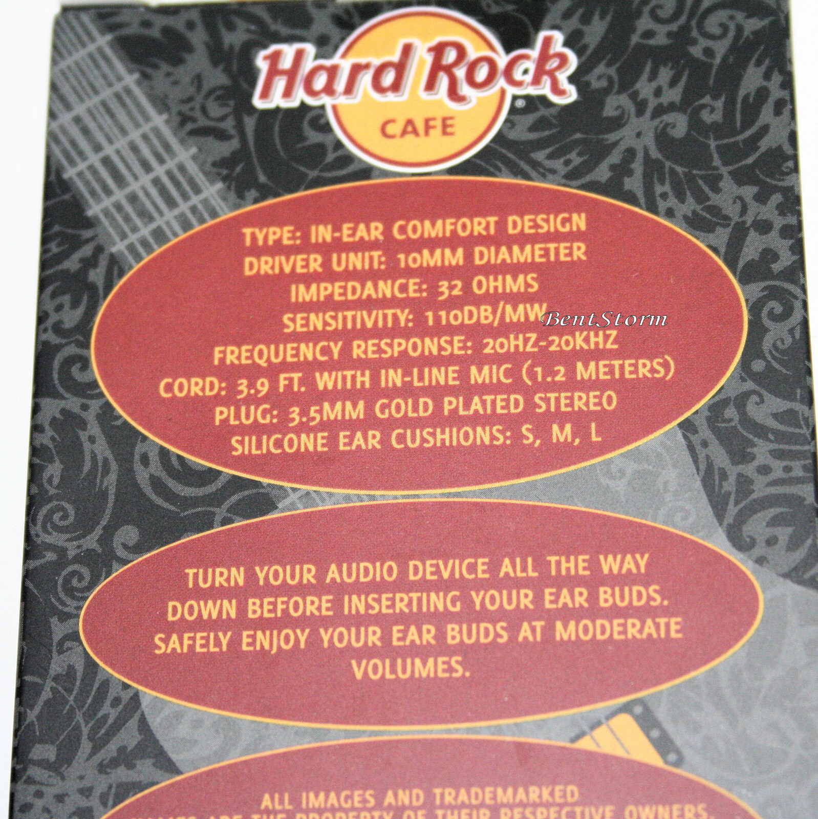 Hardrock Cafe LOGO in ear Earbuds Headphones Black Yellow S M L Cushions NEW