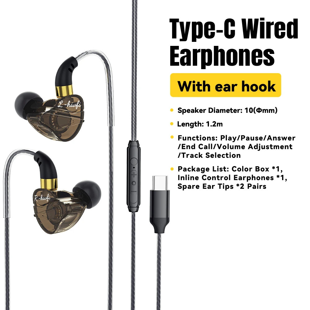 3.5mm Wired Headphones In Ear Type C Wired HiFi Headset Bass Stereo Sport Game M