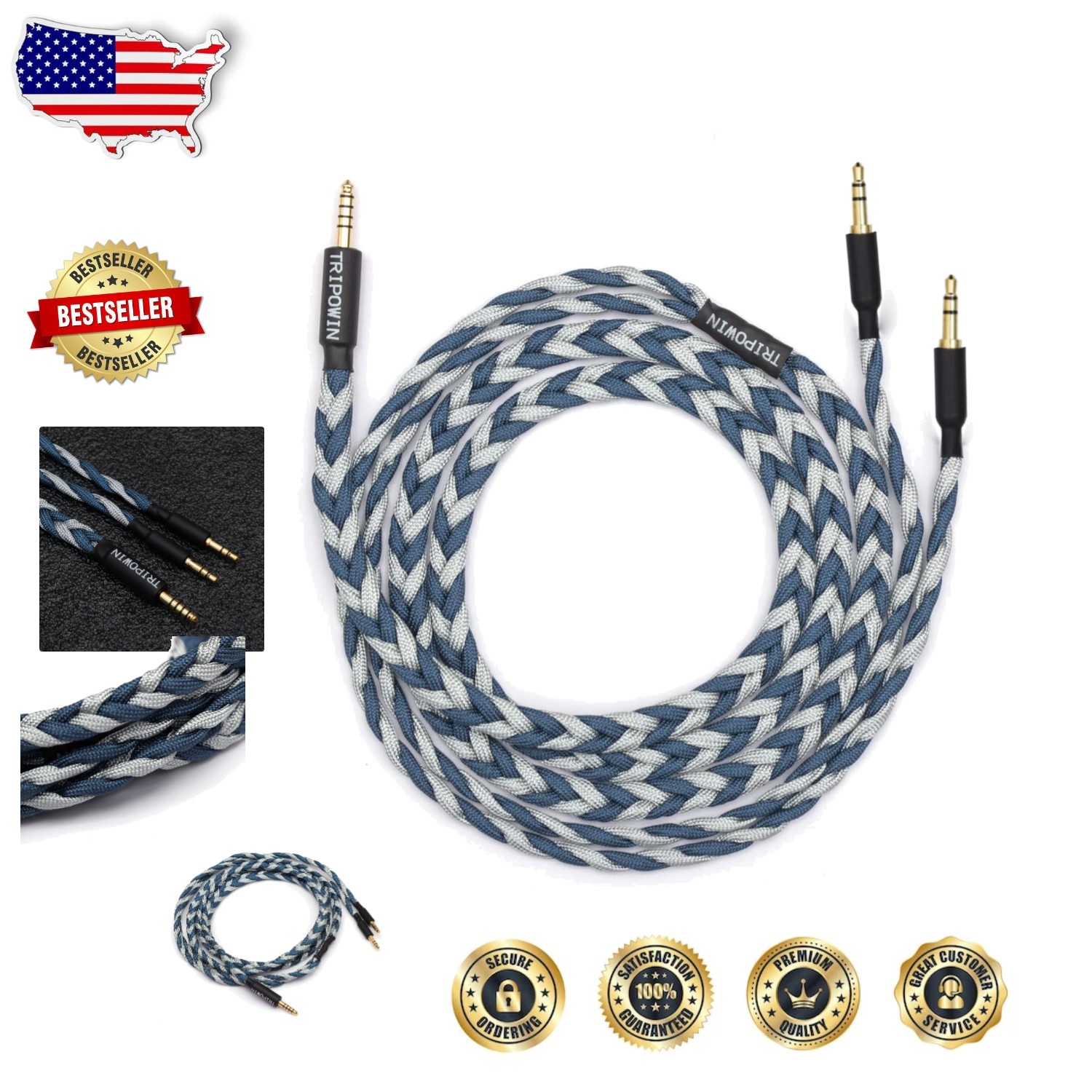 OFC Headphone Replacement Cable 1.5m Blue Braided Litz HiFi Stereo Cord
