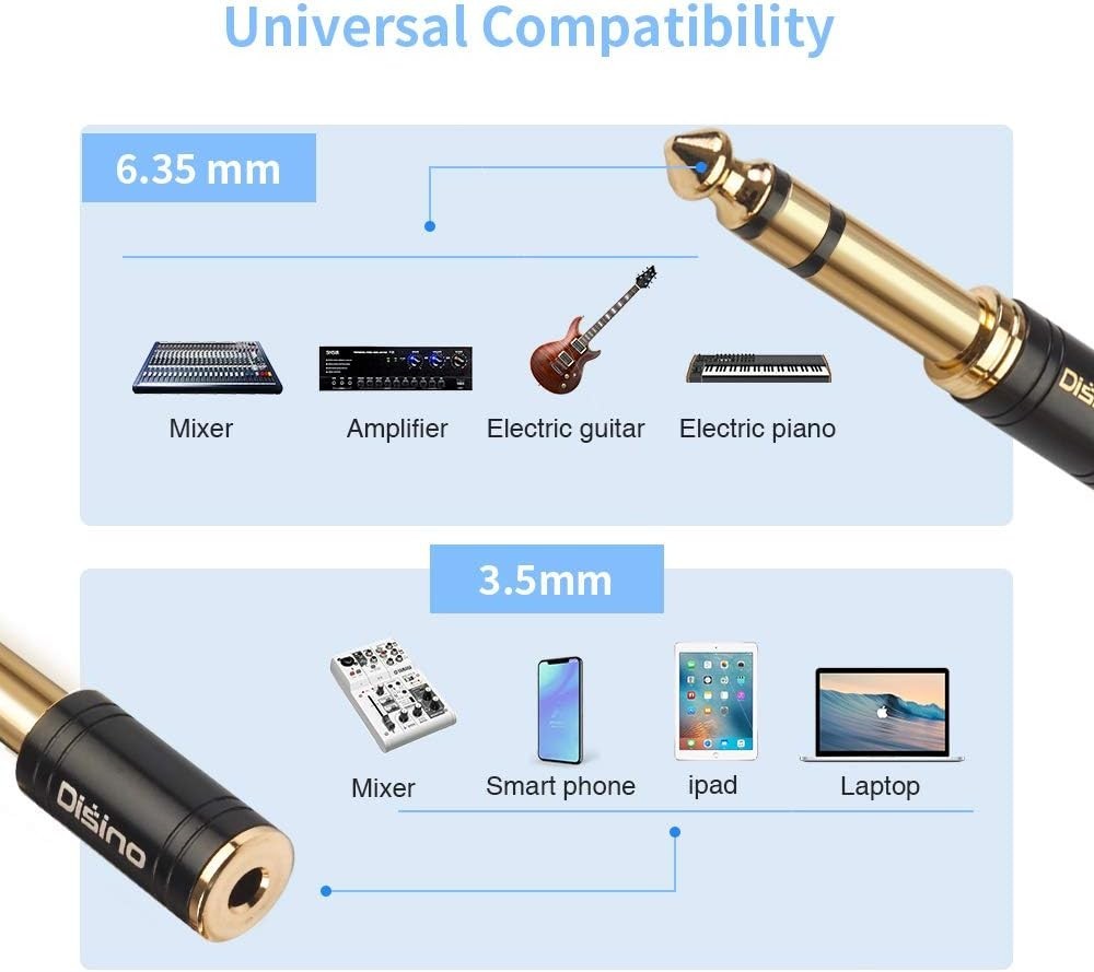 Compact 1/4″ to 3.5mm Stereo Adapter with Gold-Plated Connectors – High Quality
