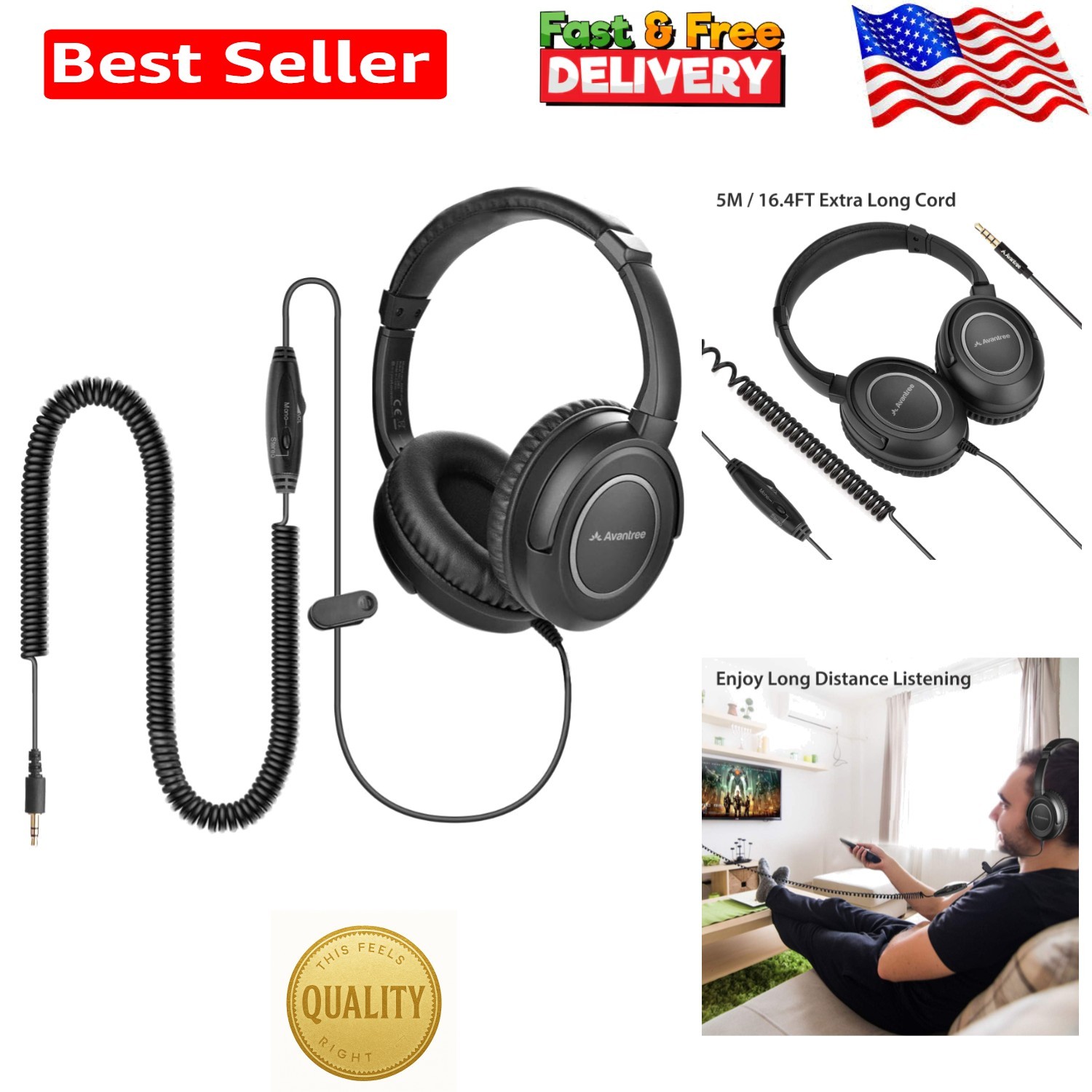 Ergonomic Over-Ear Headphones with 5M Cable and Clip – Perfect for TV Watching