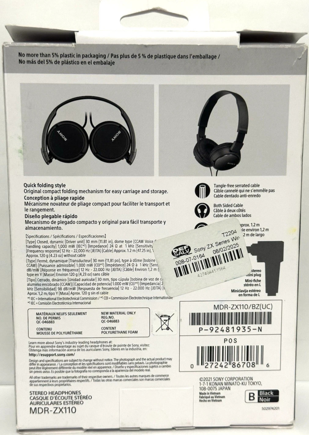 Sony MDR-ZX110 Monitor Wired On-Ear Headphones Stereo Headset New Black