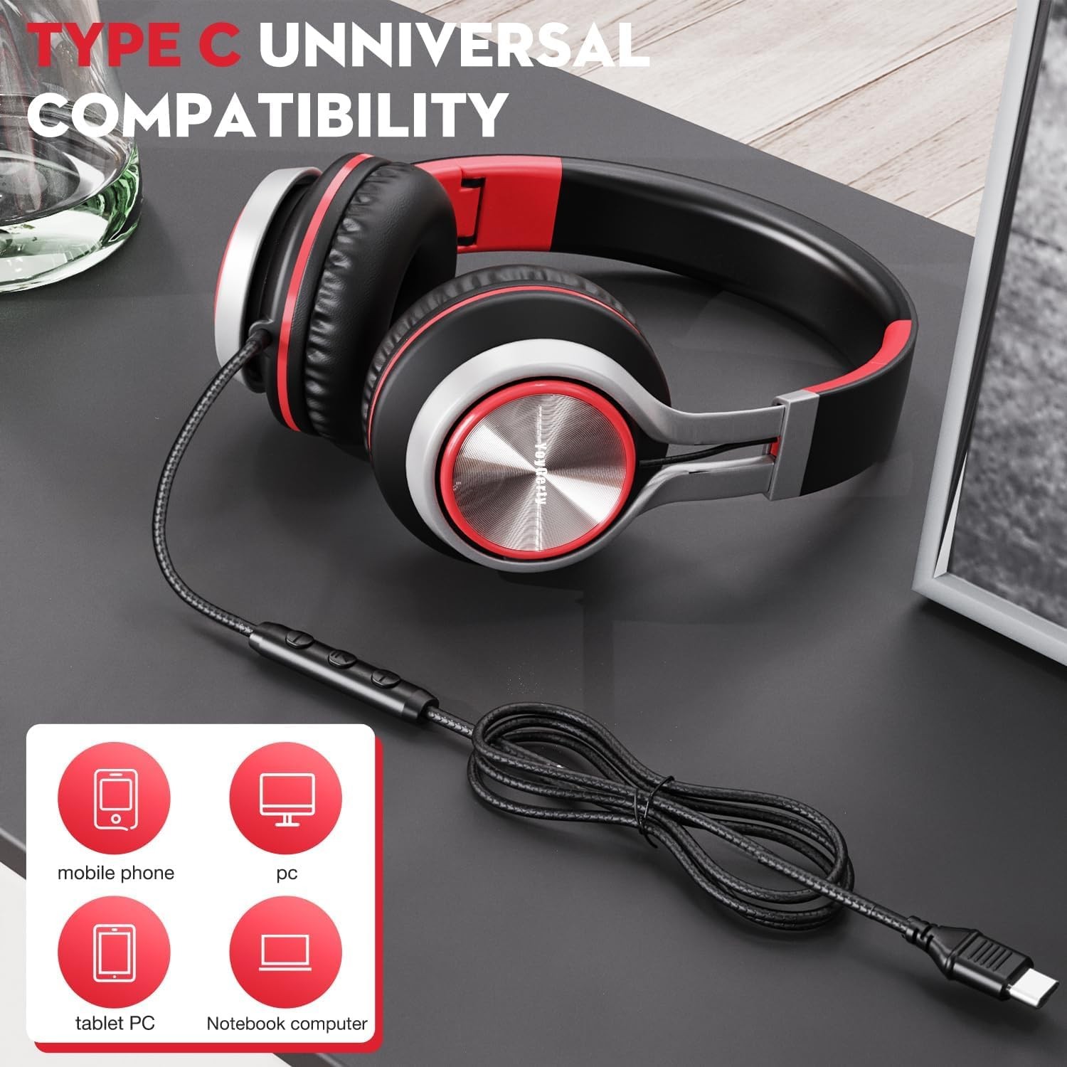 Upgraded USB Type C Wired Headphones Foldable Over-Ear With Mic Adult Red