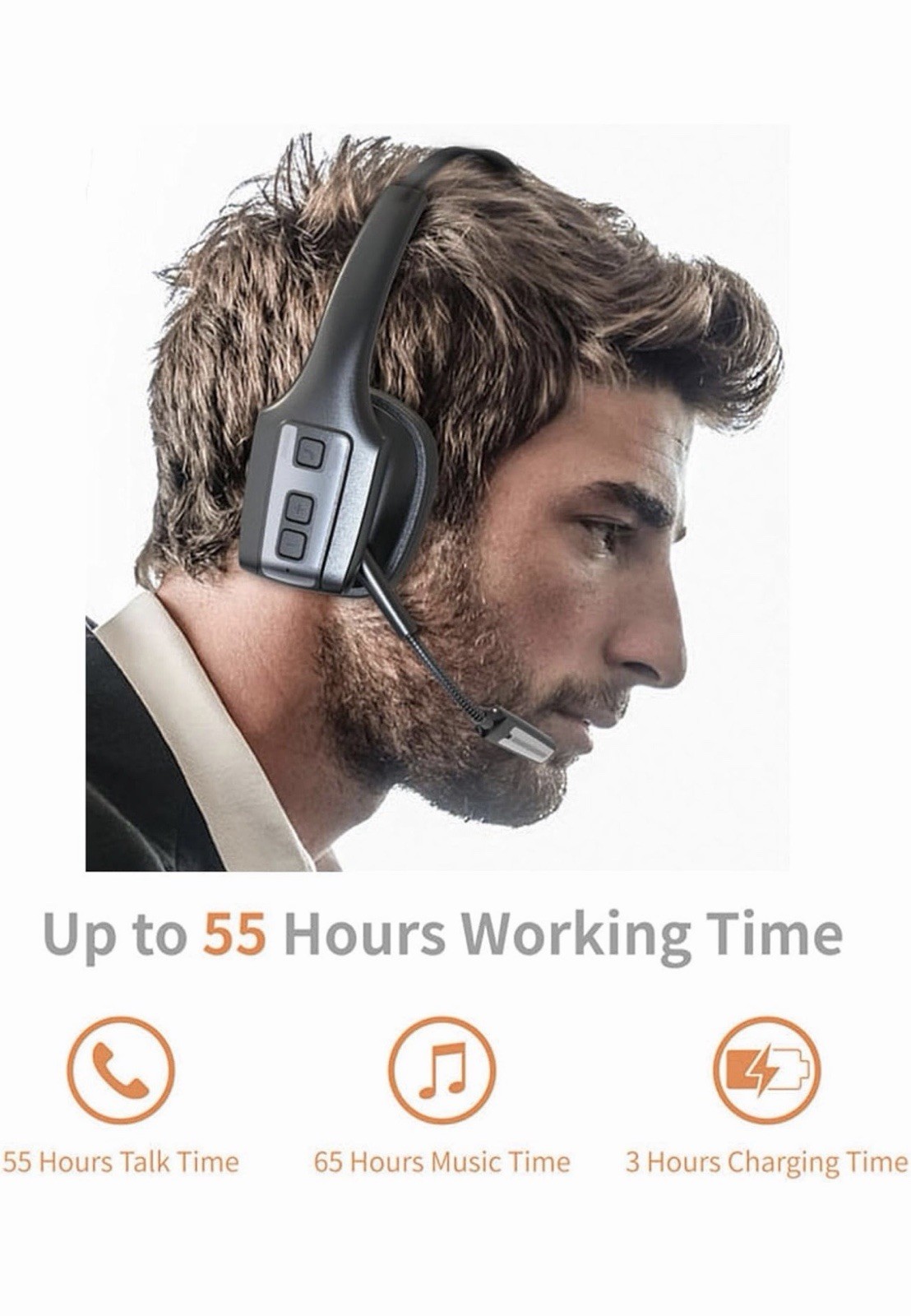 Bluetooth Noise Cancelling Mono Headband Headset w/ Boom Mic, Black/Gray