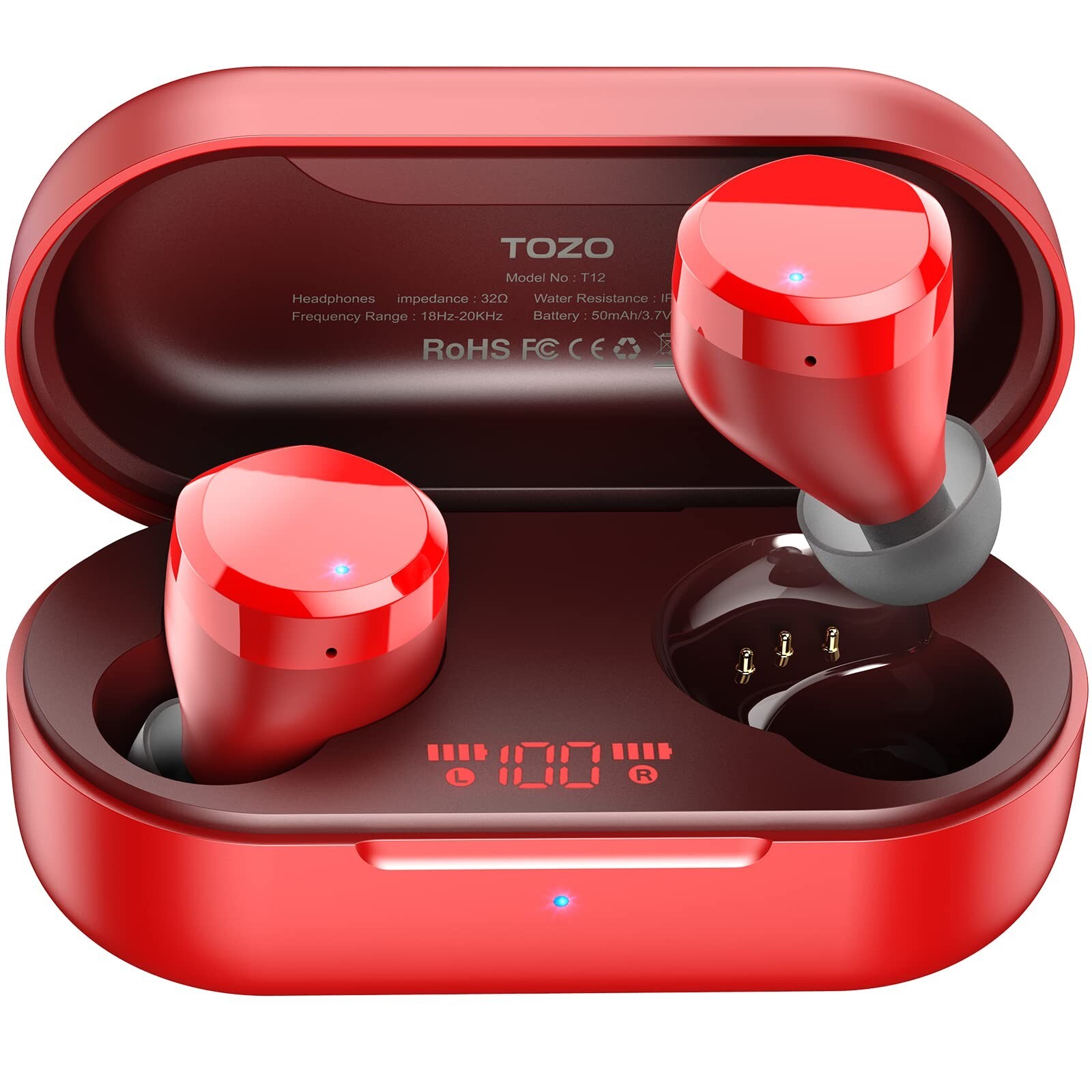 TOZO T12 Wireless Earbuds In Ear Stereo Headphones IPX8 Waterproof Red