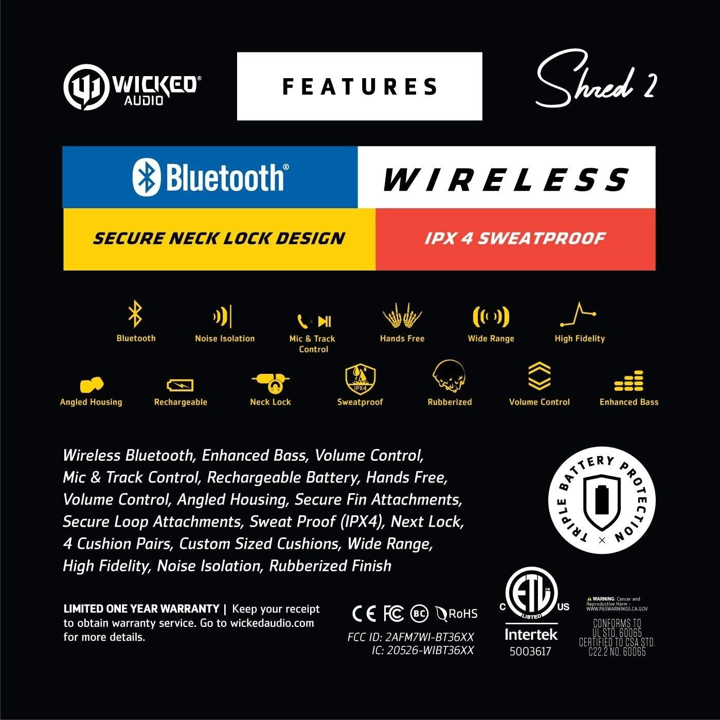 Wicked Audio Shred2 — Wireless Bluetooth Sweat Proof Earbud — Noise Isolating Wi