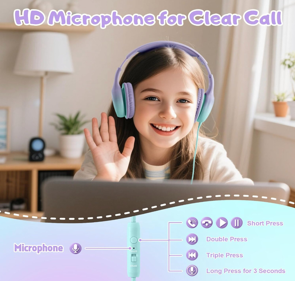 Kids USB-C Wired Over-the-Ear Headphones with Microphone, Volume Control/Limit