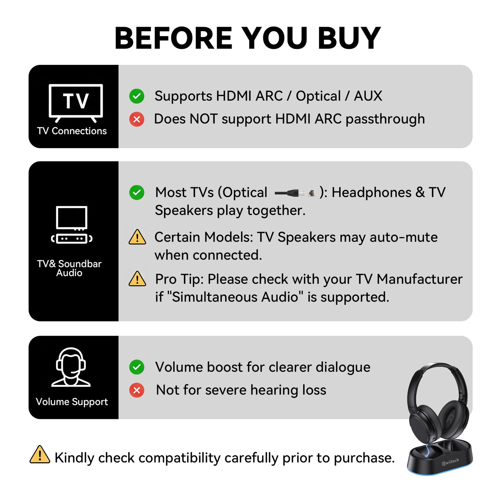 Wireless Headphones for TV Watching with Charging Dock, 45H Playtime, Bluetoo…