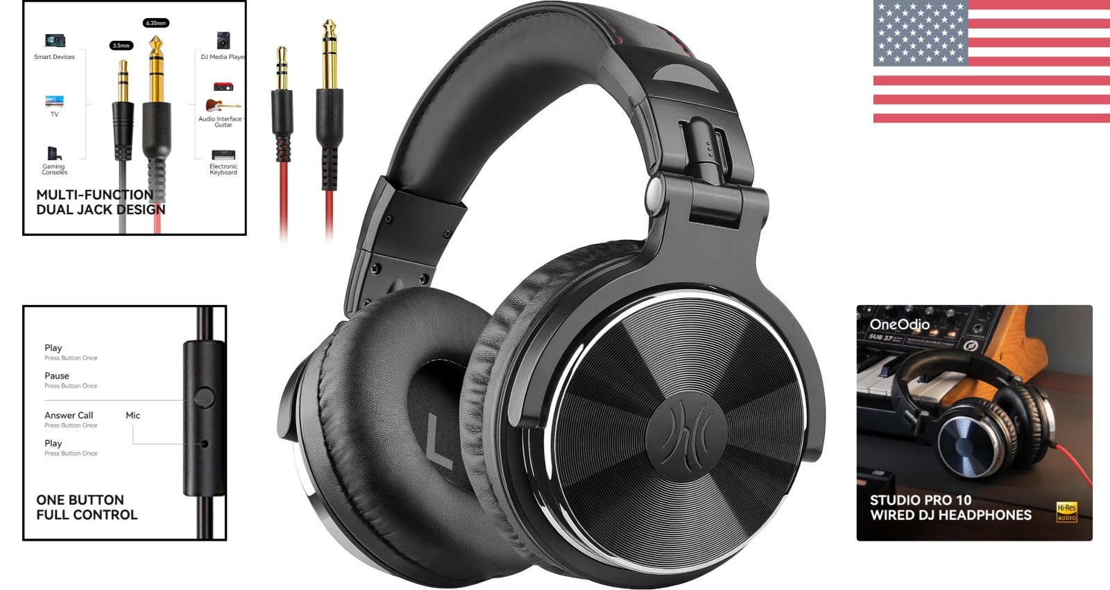 Compact Studio Monitor Headphones with 50mm Bass Drivers & Media Control – Black