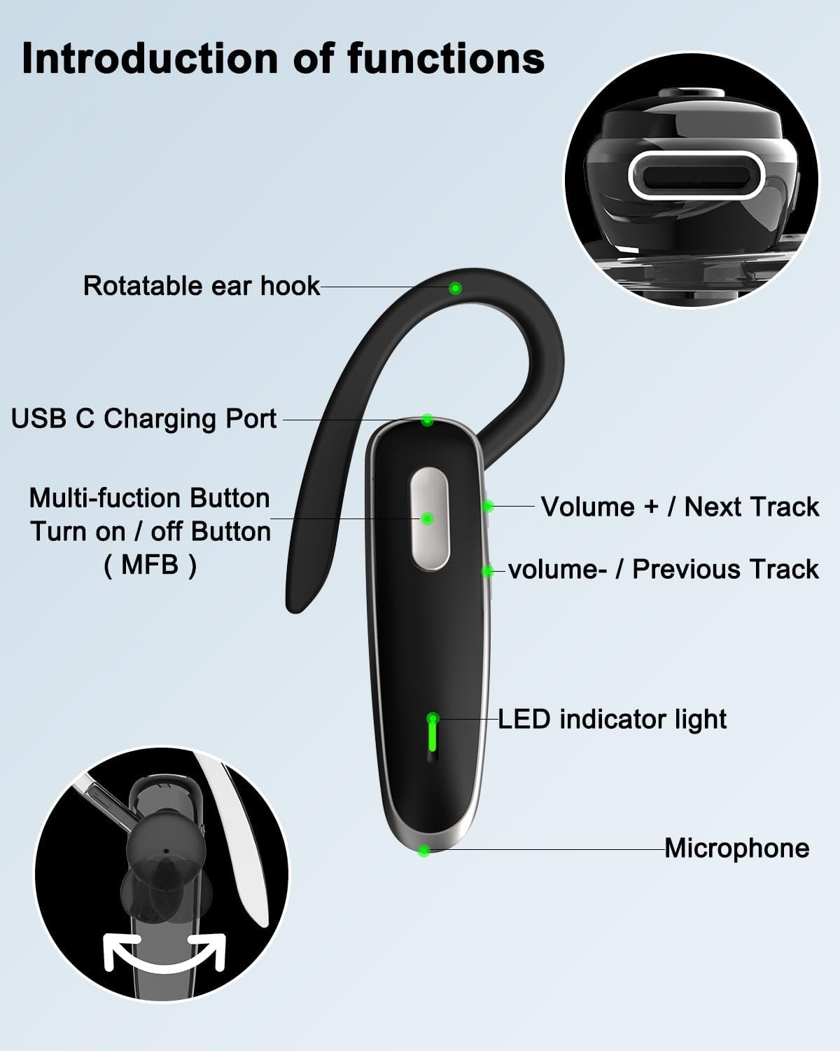 Bluetooth Headset, V5.1 Ultralight Wireless Handsfree Earpiece Cell Phone with