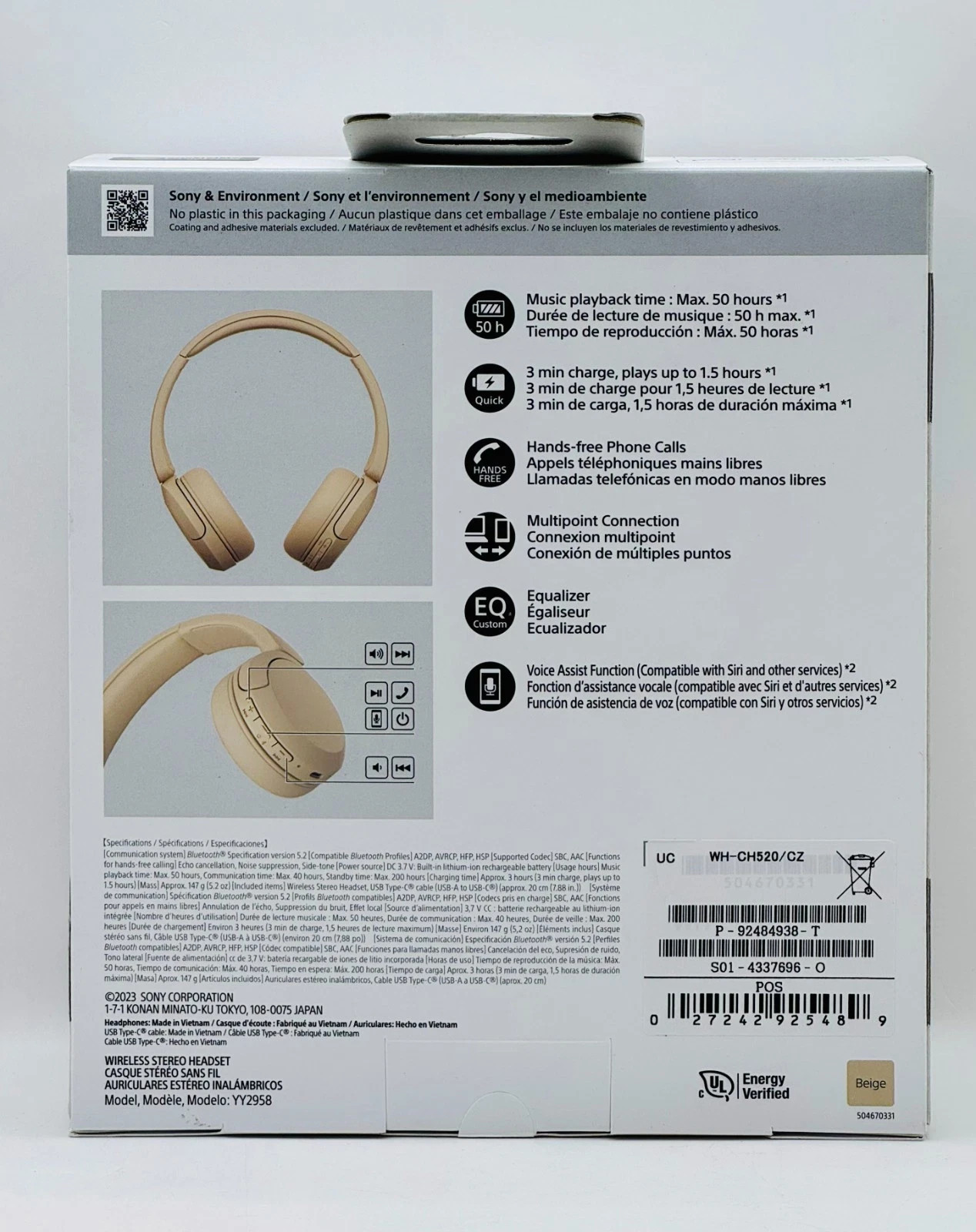 SONY WH-CH520 Over Ear Wireless Bluetooth Headphones WHCH520, BEIGE – NEW