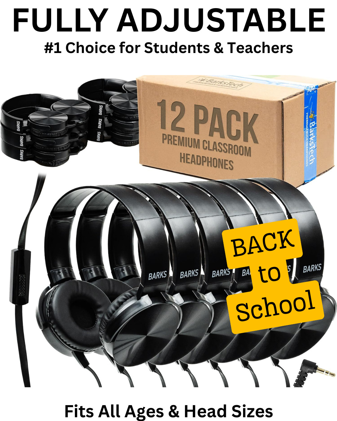Barks Classroom Headphones w/ Mic – Sapphire, School Use, On-Ear Black Pack12