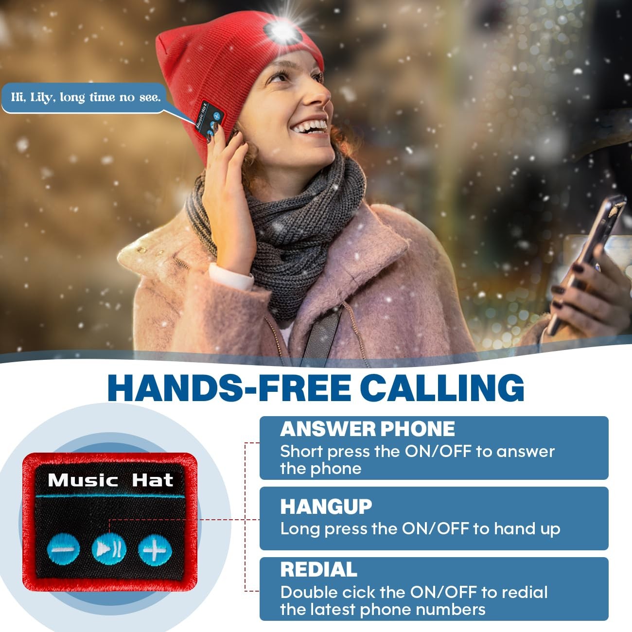 Bluetooth Beanie Hat Light Headlamp Headphones BuiltIn Speaker Men Women