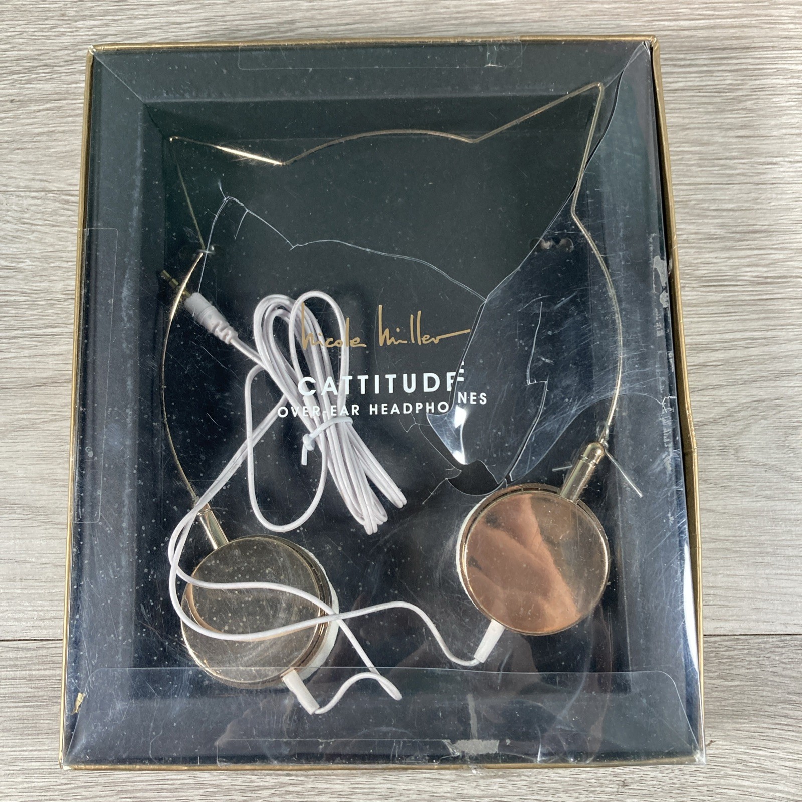 Nicole Miller Cattitude Over-Ear Cat Ear Headphones Wired Gold/White NIB