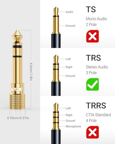 VCE 1/4 inch to 3.5mm Stereo Headphone Adapter 2-Pack Gold-Plated Audio Converte