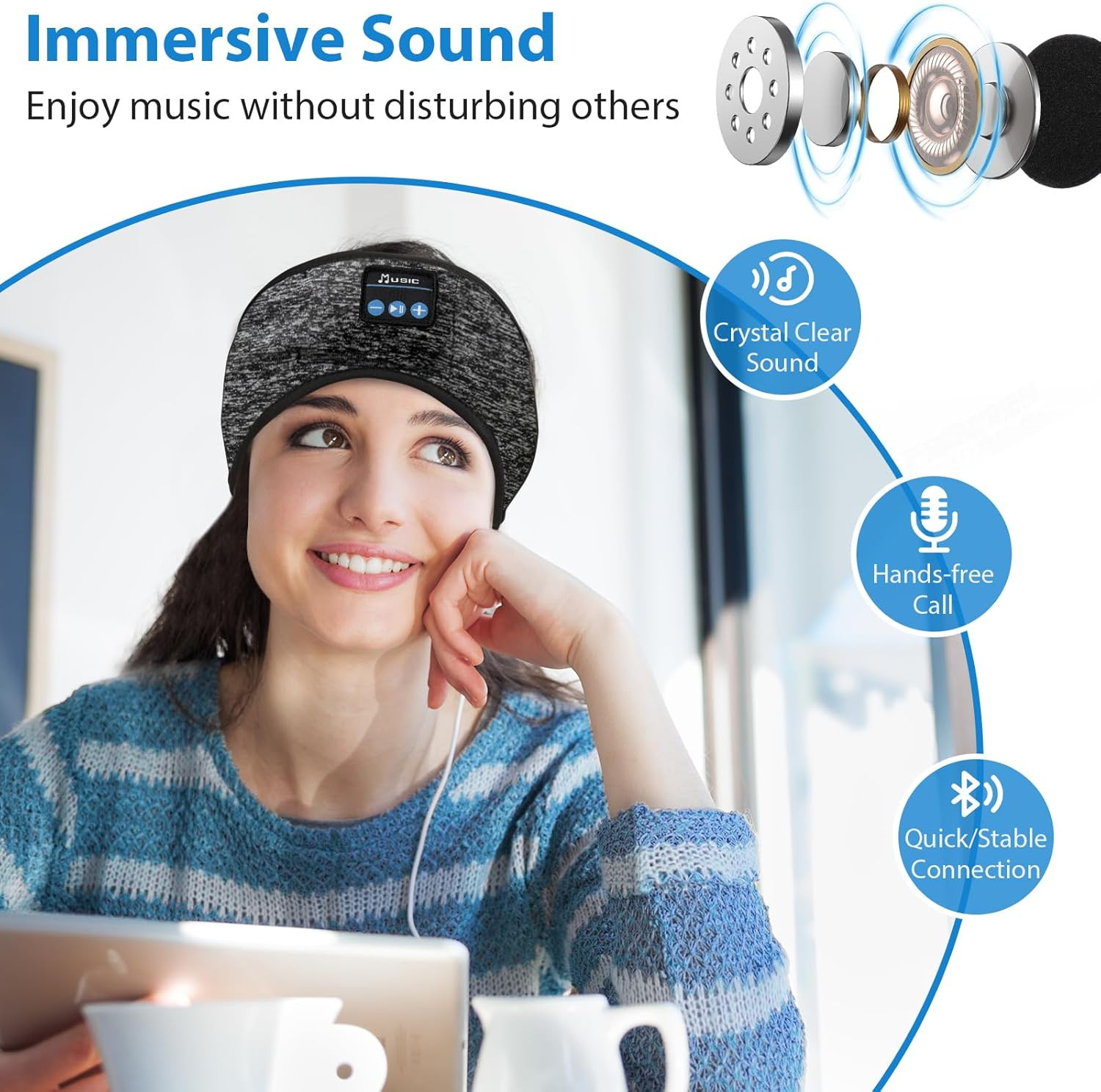 Adjustable Headband Headphones, Sleeping Headphones with Ultra-Thin Speakers, Bl