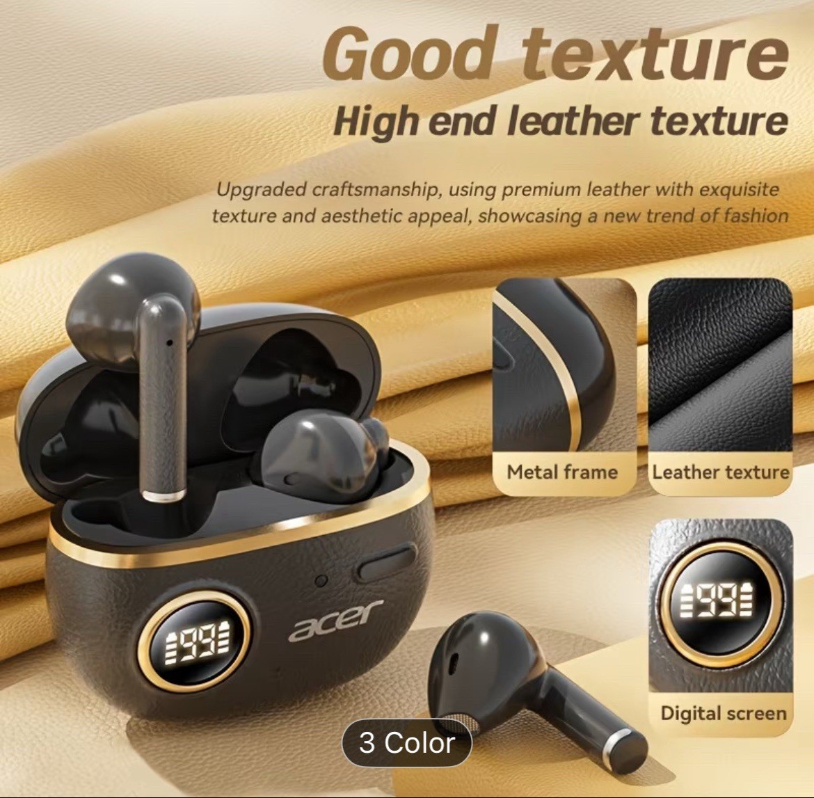 Acer Wireless Bluetooth Earbuds LED Display Noise Reduction Black Beige Orange
