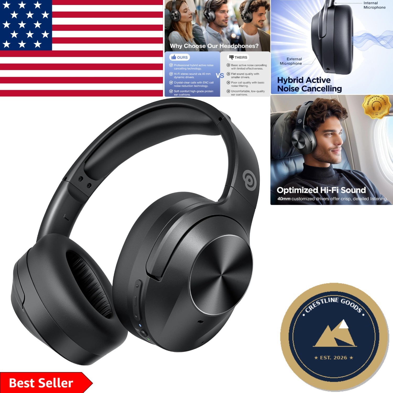 Active Noise Canceling Headphones with 30 Hour Playtime and Clear Calls