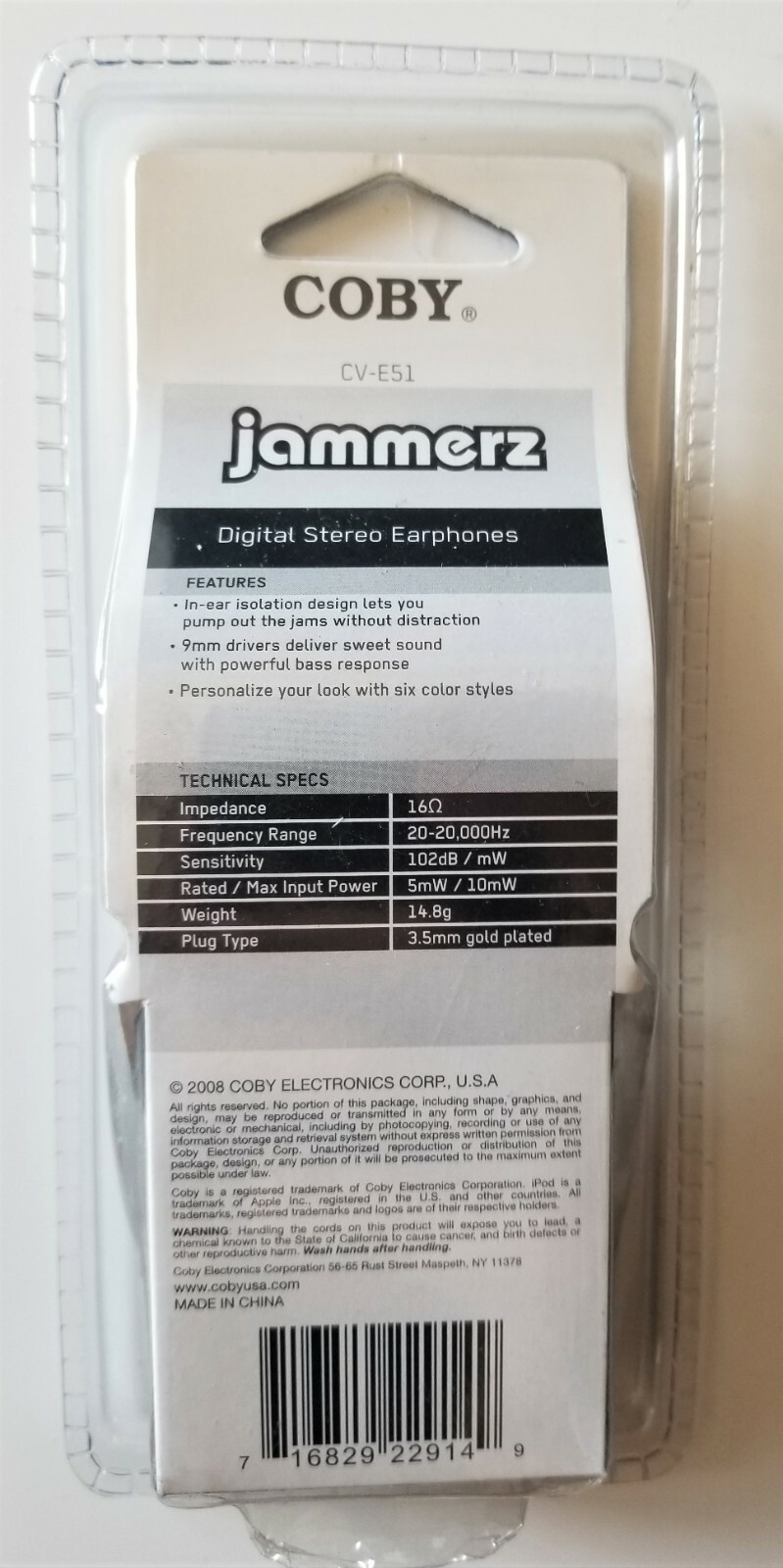 Brand NEW! Coby CVE51 In-Ear Only Headphones Jammerz (Black) w/ 3.5mm Gold Jack