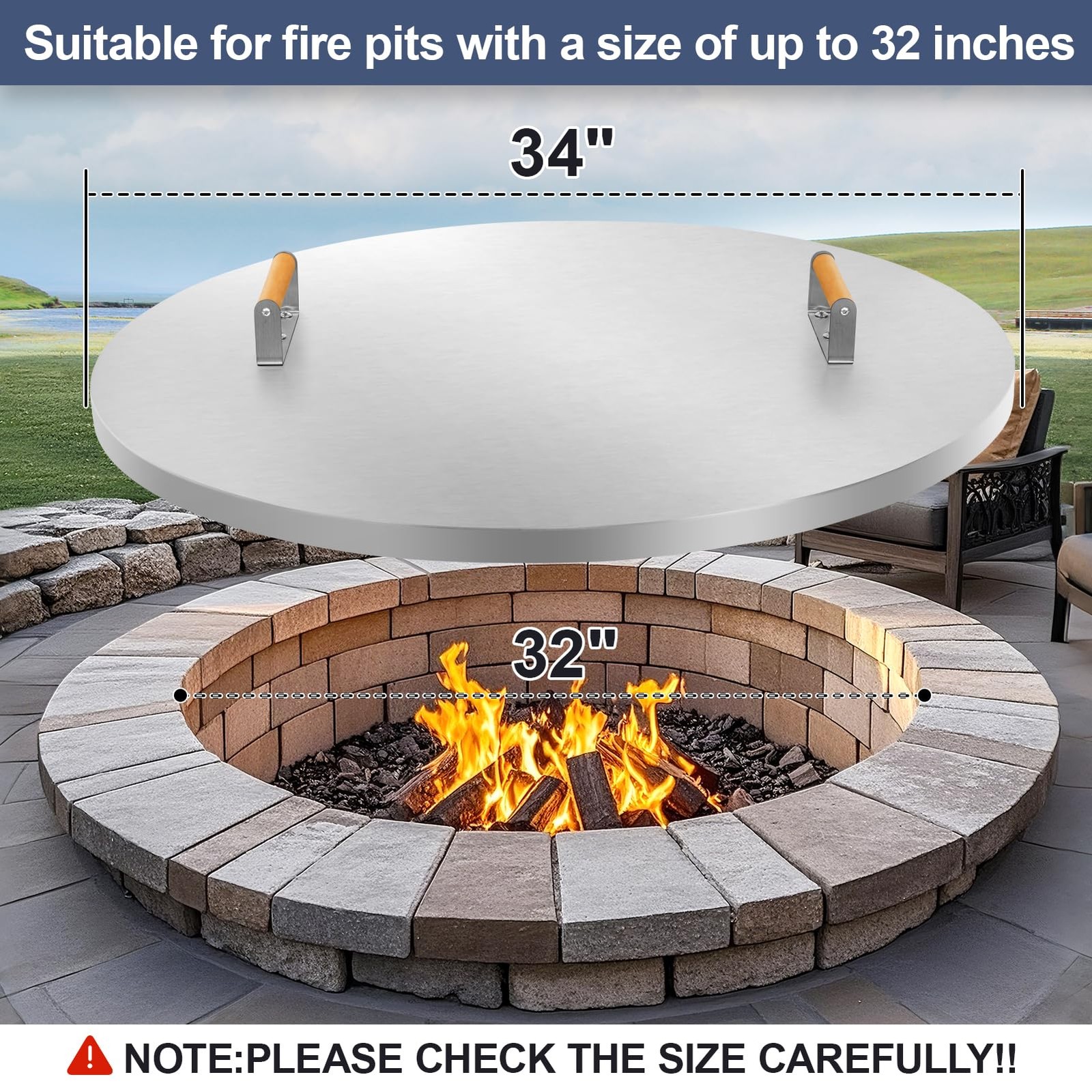 Fire Pit Lid Round 34″ – Stainless Steel Firepits Cover with Wooden Handles f…
