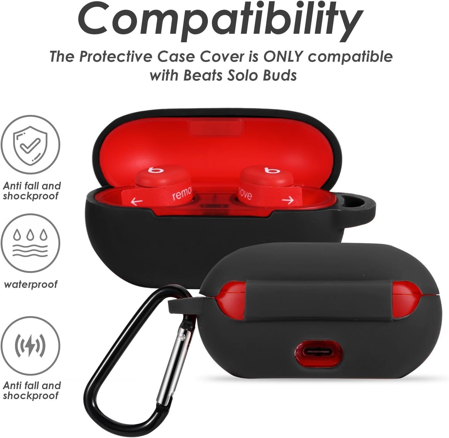 Stylish Black Shockproof Silicone Cover for Beats Solo Buds 2024 with Carabiner