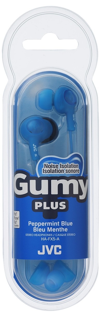 JVC HAFX5A Gumy Plus In‑Ear Stereo Headphones Blue Earbuds with Noise Isolation