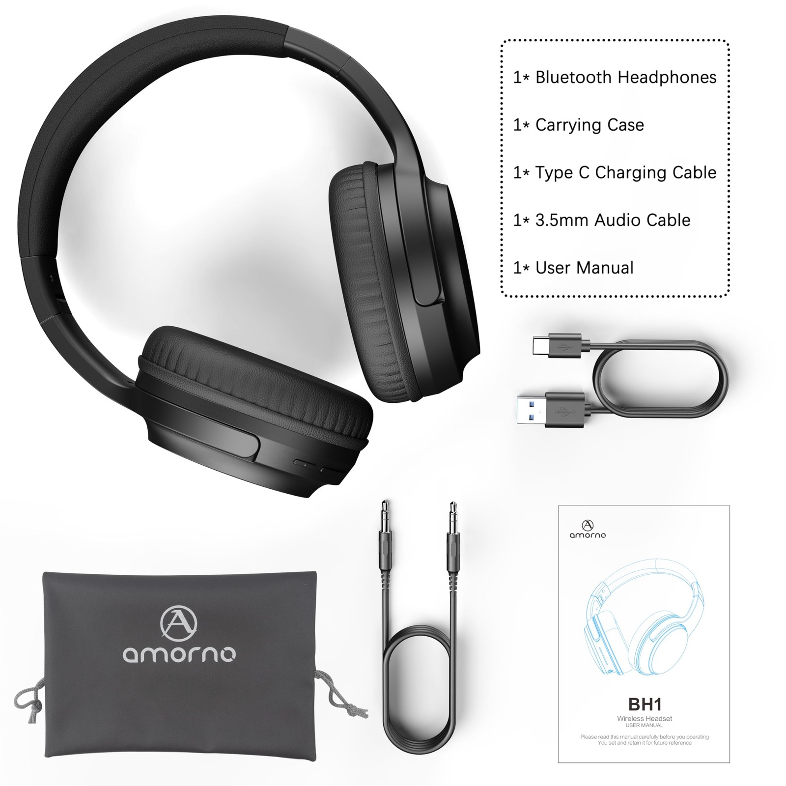 AMORNO Bluetooth Headphones Over Ear, 68 Hours Playtime Standard, Black