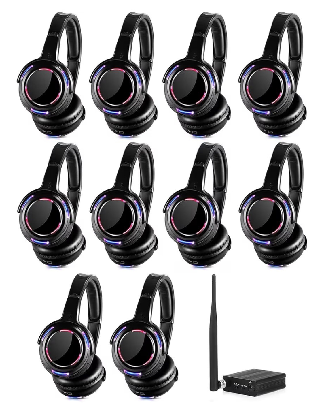 AYVVPII Wireless Silent Disco LED Light 10xHeadphones + 1 Transmitter 500M Range
