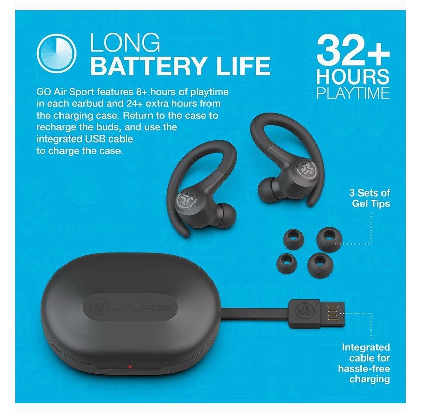 JLab Go Air Sport True Wireless Bluetooth Earbuds With Charging Case – Graphite