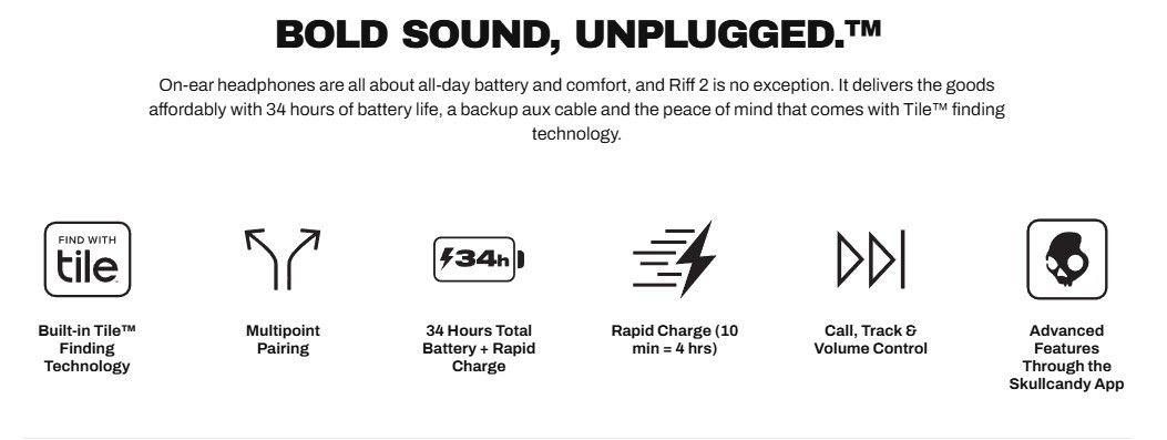 Headphones-Skullcandy Riff2 Wireless S5PRW-P740 On-Ear Bluetooth True Black