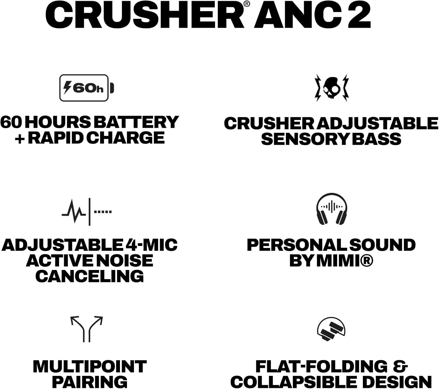 Skullcandy Crusher ANC 2 Bluetooth Wireless Headphones – Black (S6CAW-R740)