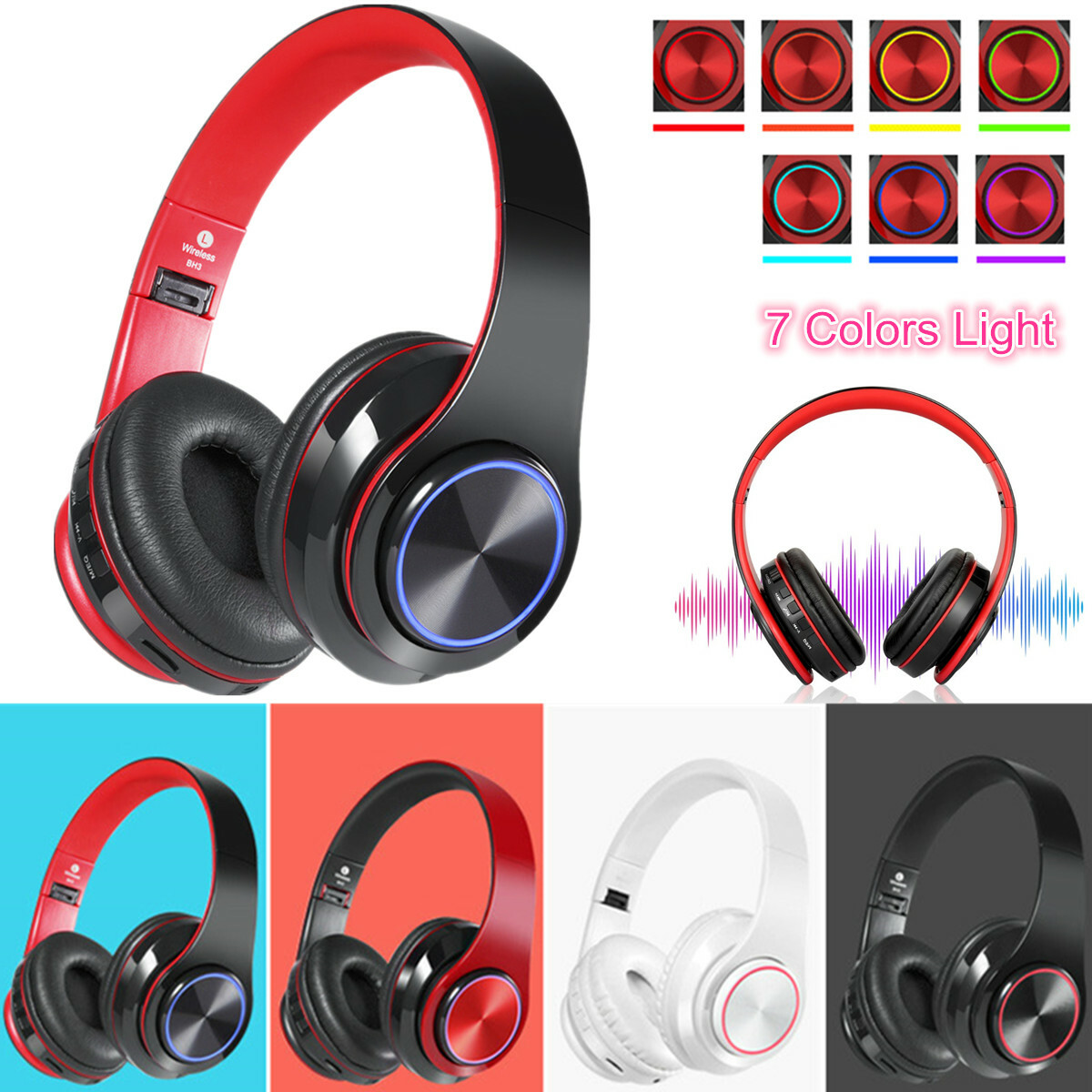 Wireless Foldable LED Flashing Stereo Bluetooth Headphone Heavy Bass With Mic US