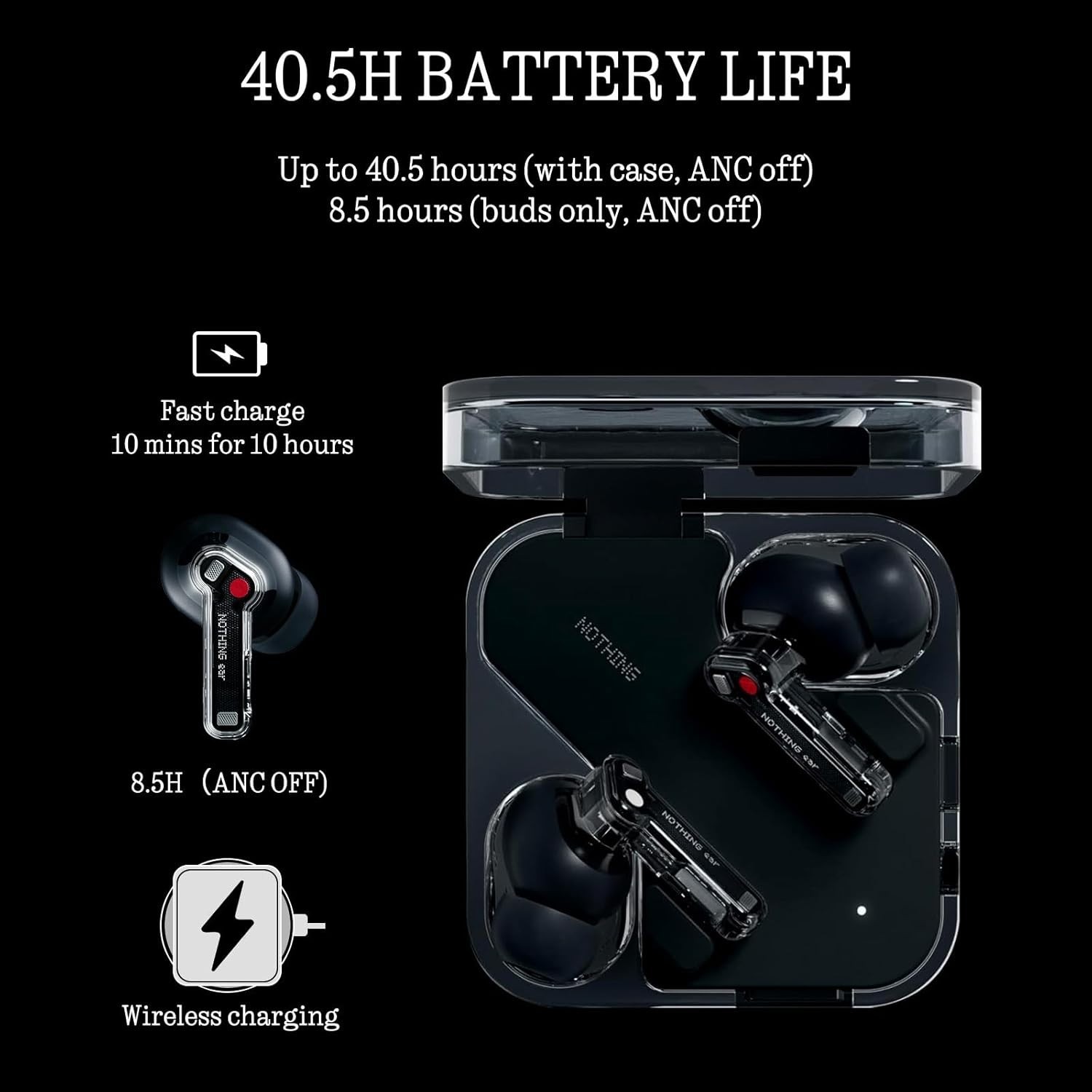 Nothing Ear Wireless Earbuds Black 45dB Hybrid Smart (ANC) Hi-Res Audio In-Ear