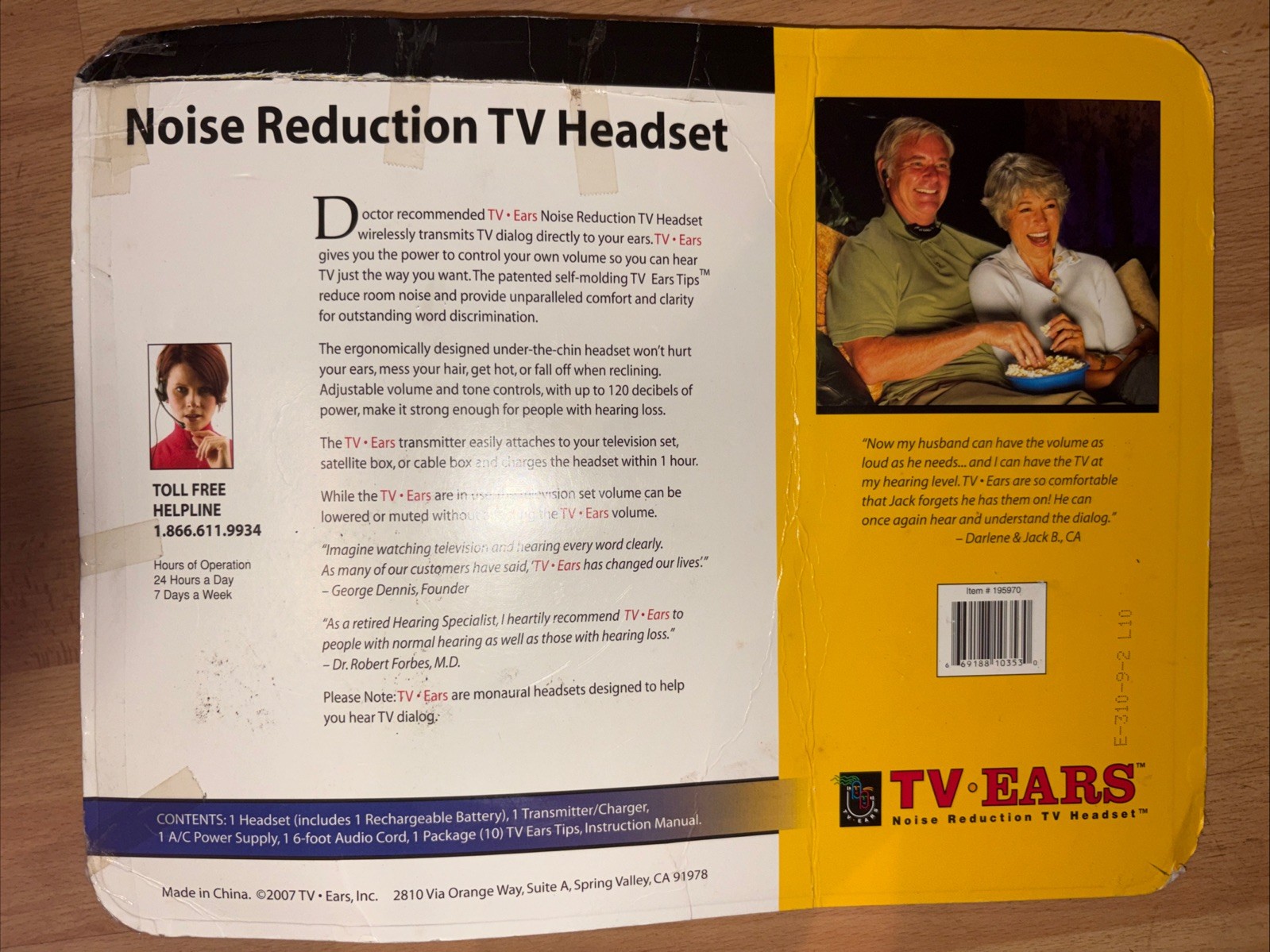New TV EARS Wireless Noise Reduction TV Headset.  2.3 MHz, Item #195970