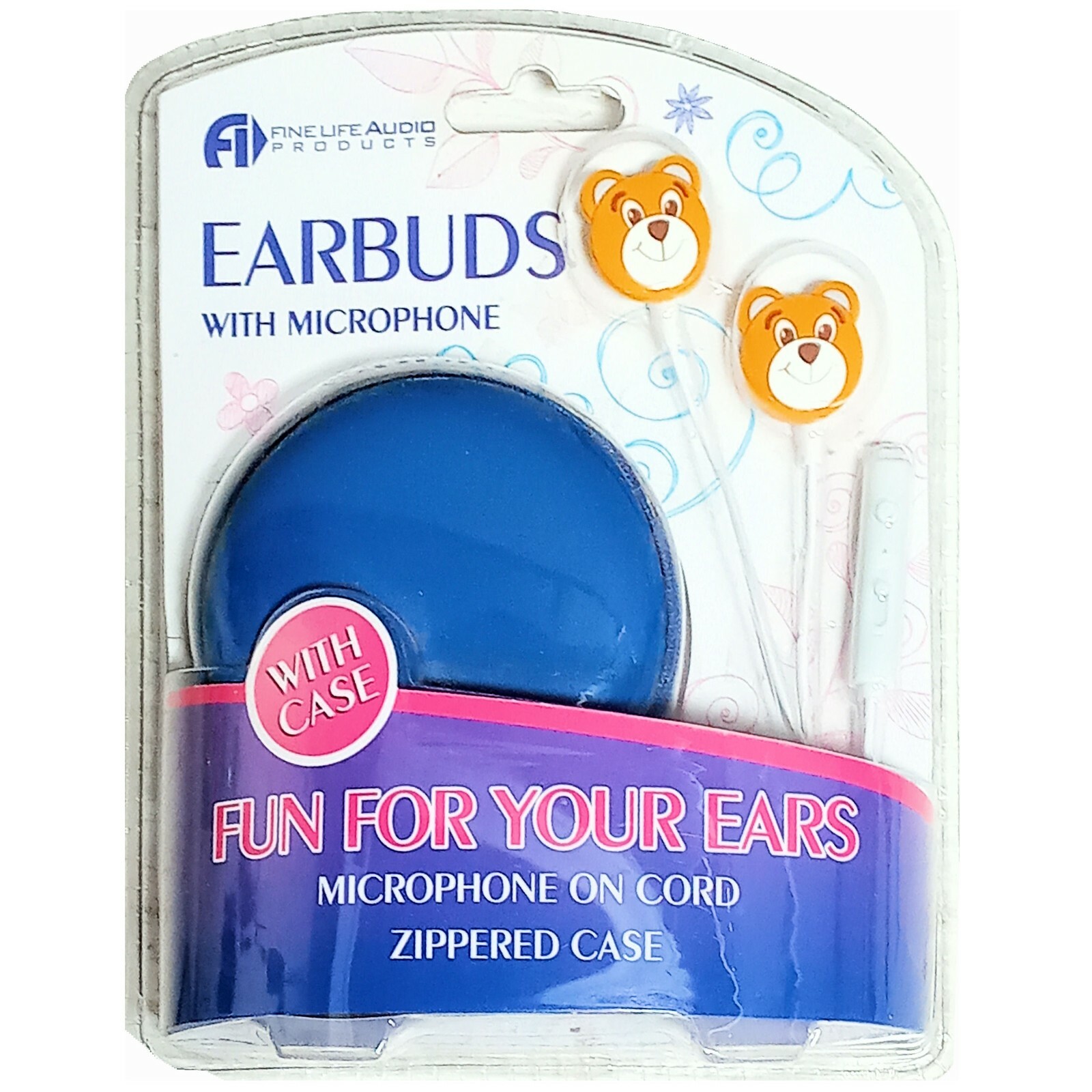 New TEDDY BEAR EARBUDS w Microphone & Zipper Case Fine Life Audio