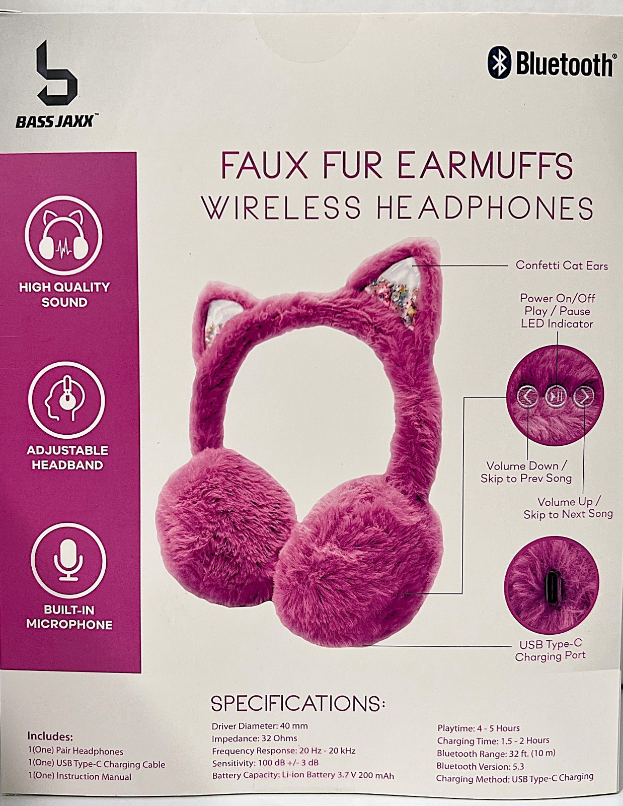 Lot of 2 Bass Jaxx Pink Cat Ears & Black Faux Fur Bluetooth Earmuffs Headphones